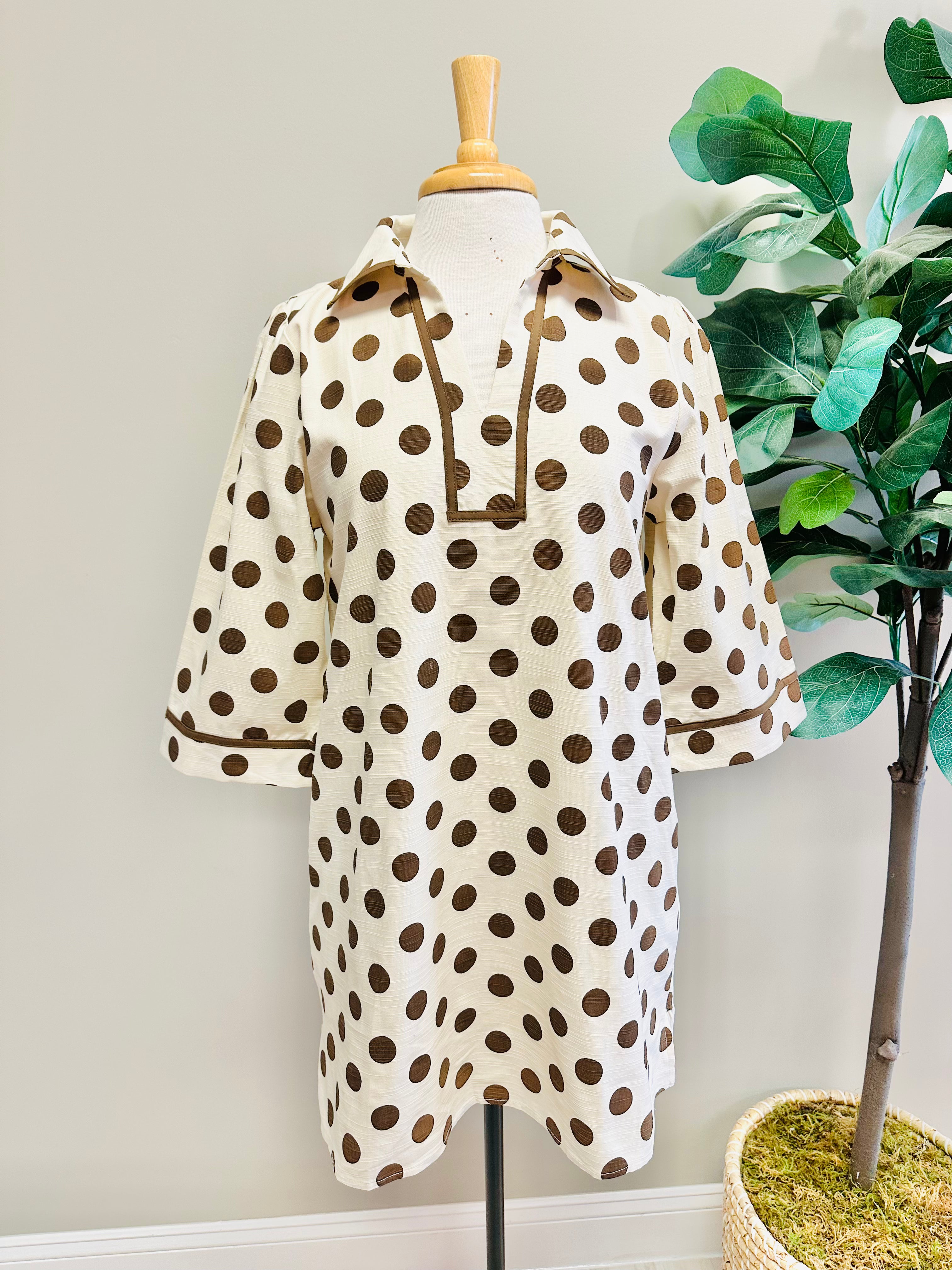 Women’s Cream V Neck Collared Dress with Mocha Brown Polka Dots by Jodifl- Loose Fit