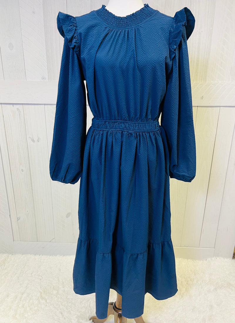 Umgee Navy Smocked Neck Dress