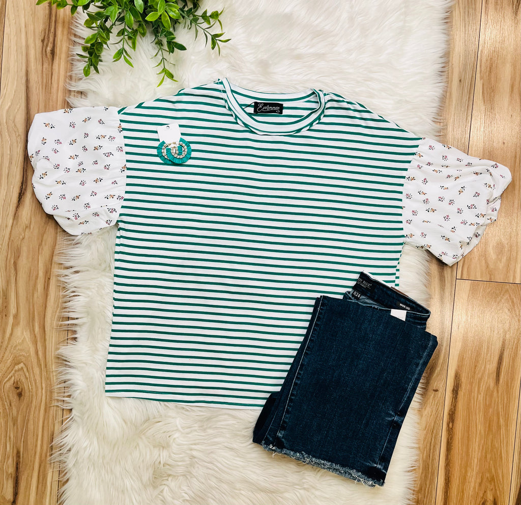 Women’s Kelly Green Stripe Floral sleeve top