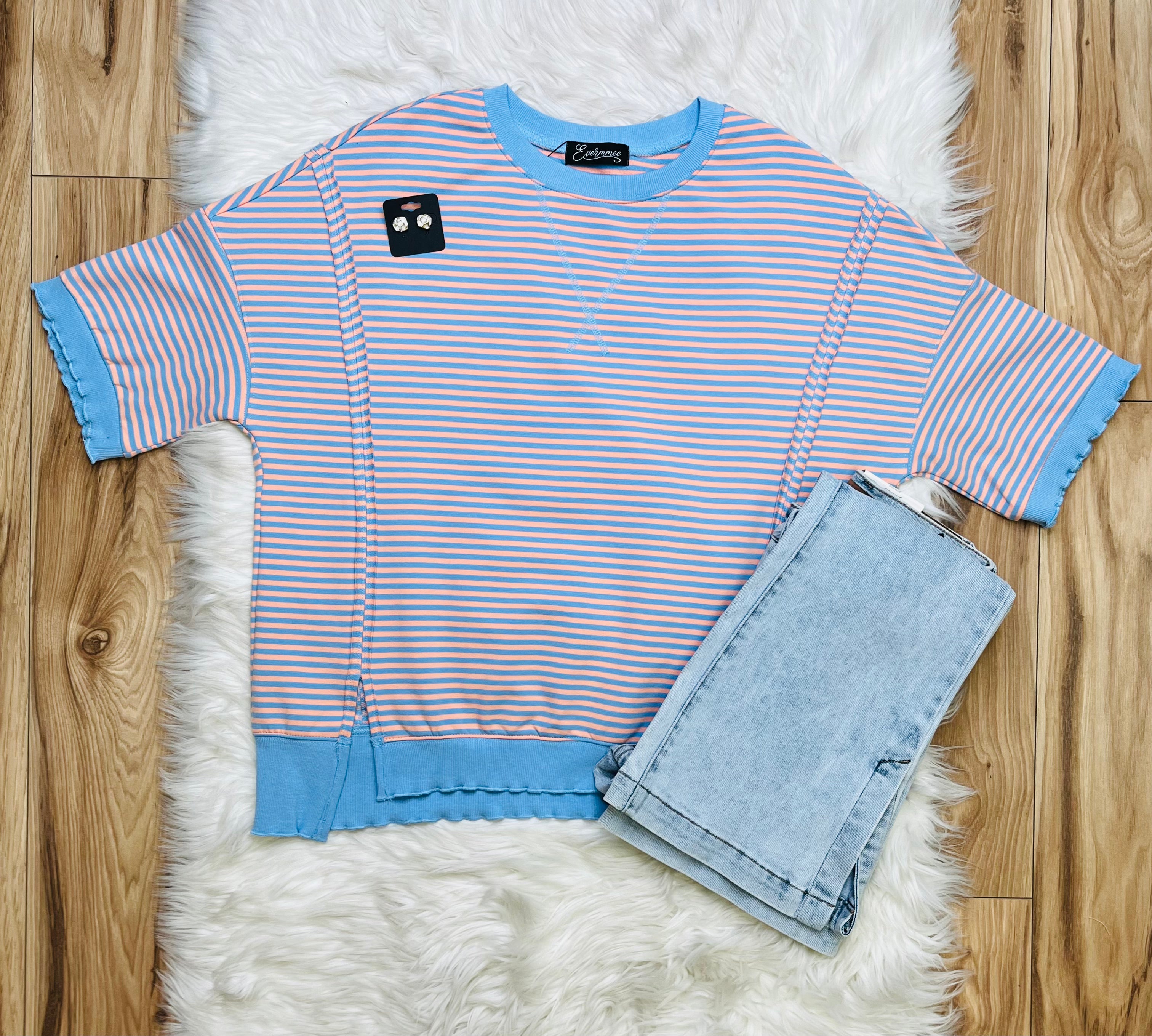 Women’s Evermmee Peach and Blue Striped Top