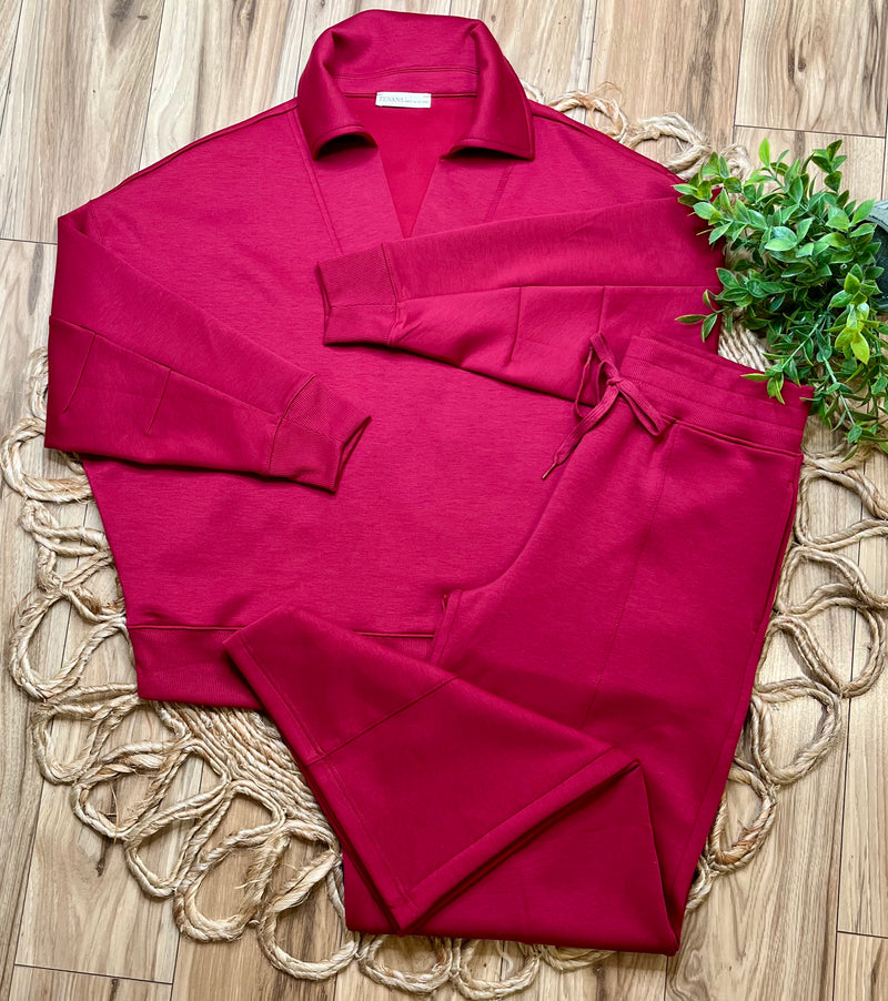 Zenana Scuba Collared Pullover Pant Set Wine