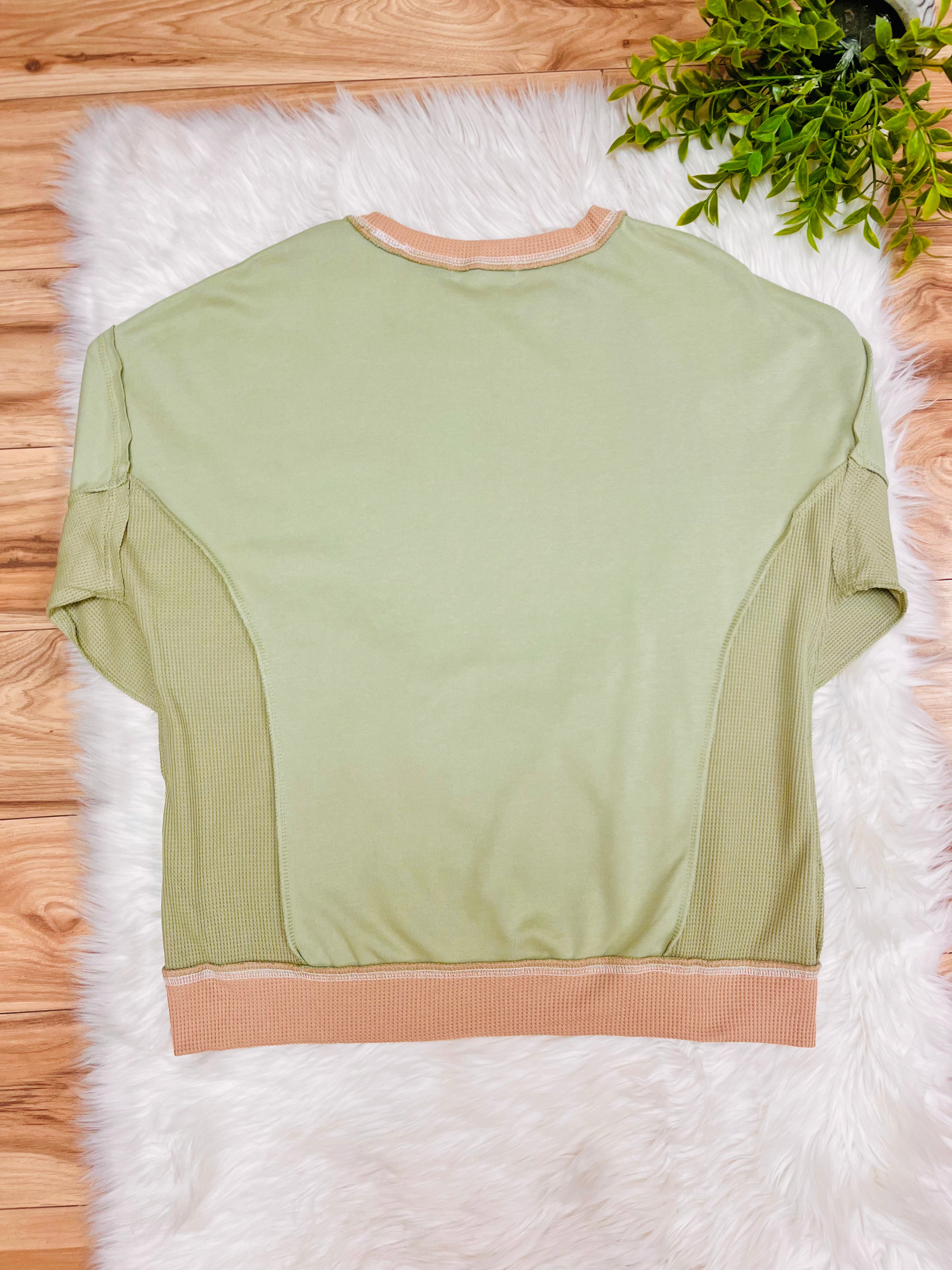 Women’s Evermmee Green Long Sleeve Exposed Seam Top with Tan Trim- Loose Fit