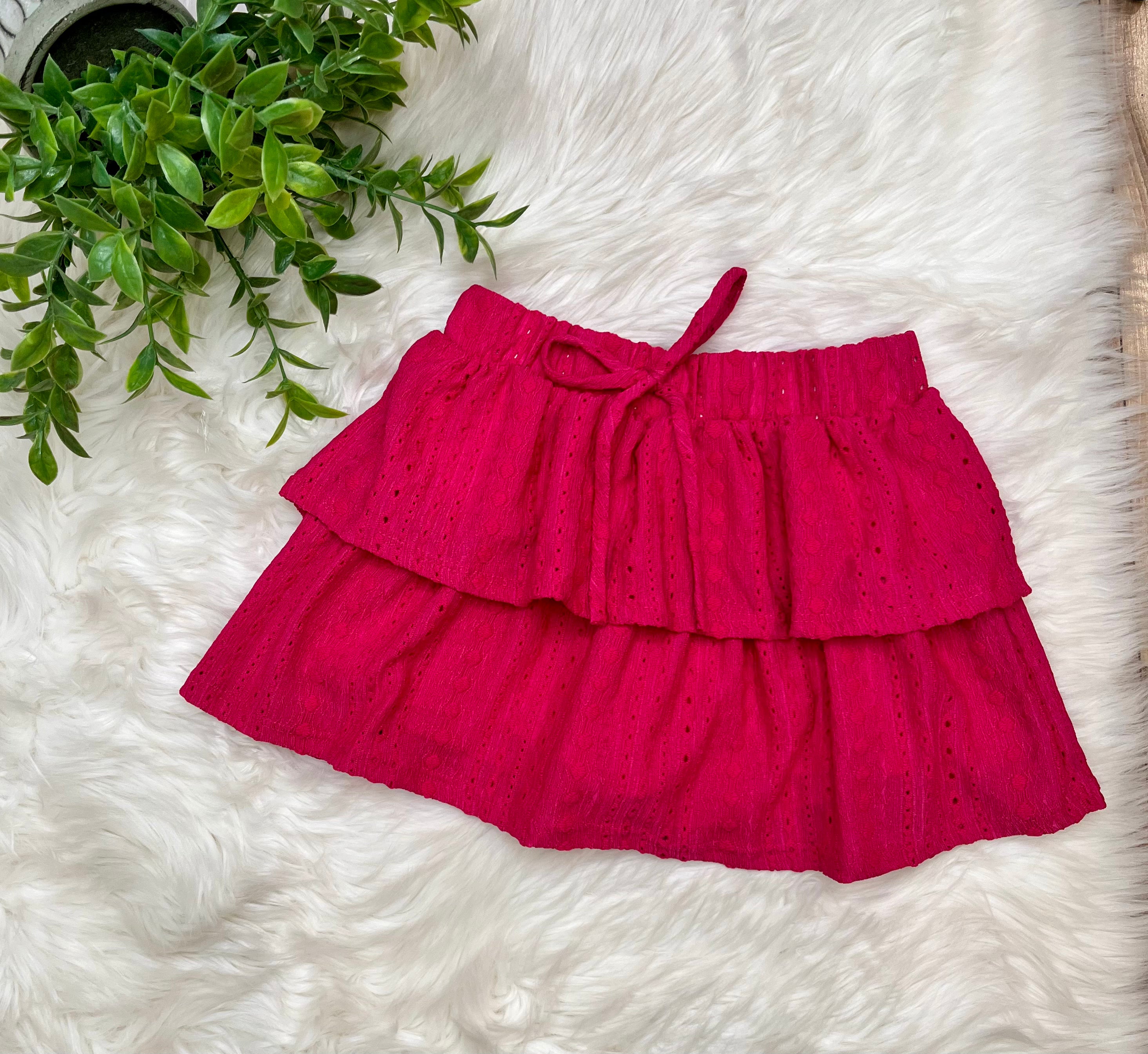 Girl’s Hot Pink Embroidered Eyelet Tiered Ruffle Skort