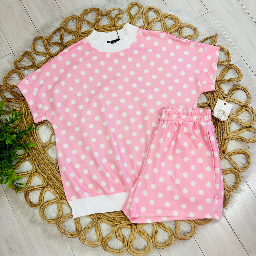Women’s Pink Short Set with White Polka Dots