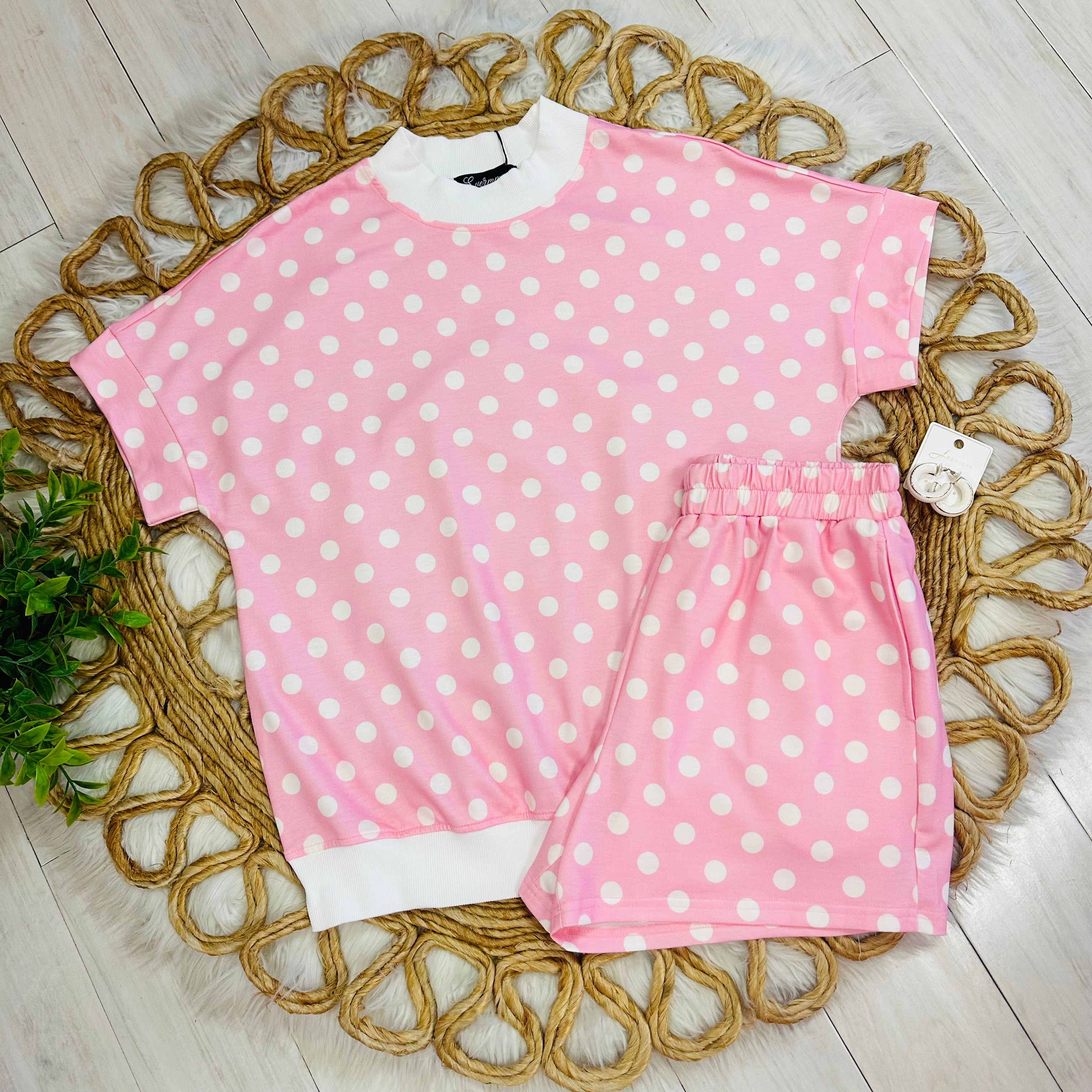 Women’s Pink Short Set with White Polka Dots