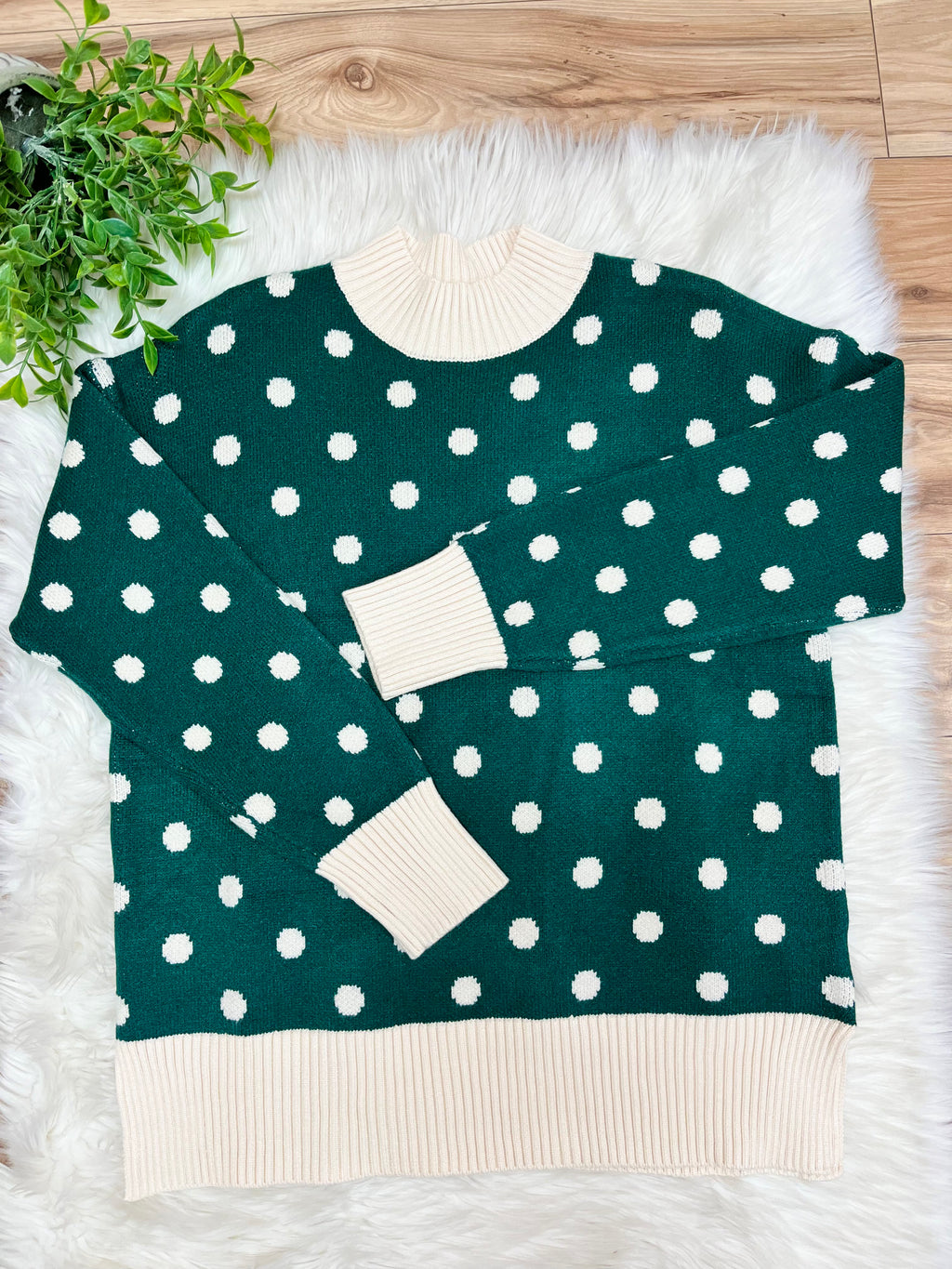 Women’s Hunter Green Sweater Top with Polka Dots-True to Size