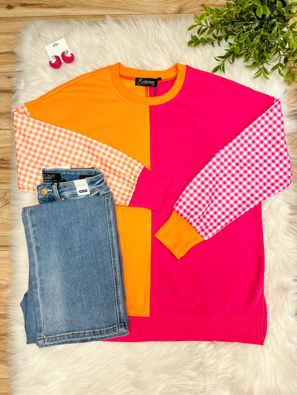 Women’s Evermmee Pink & Orange Color Block Top with Gingham Print Sleeves- True to Size