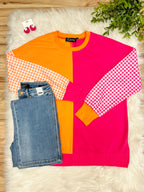 Women’s Evermmee Pink & Orange Color Block Top with Gingham Print Sleeves- True to Size