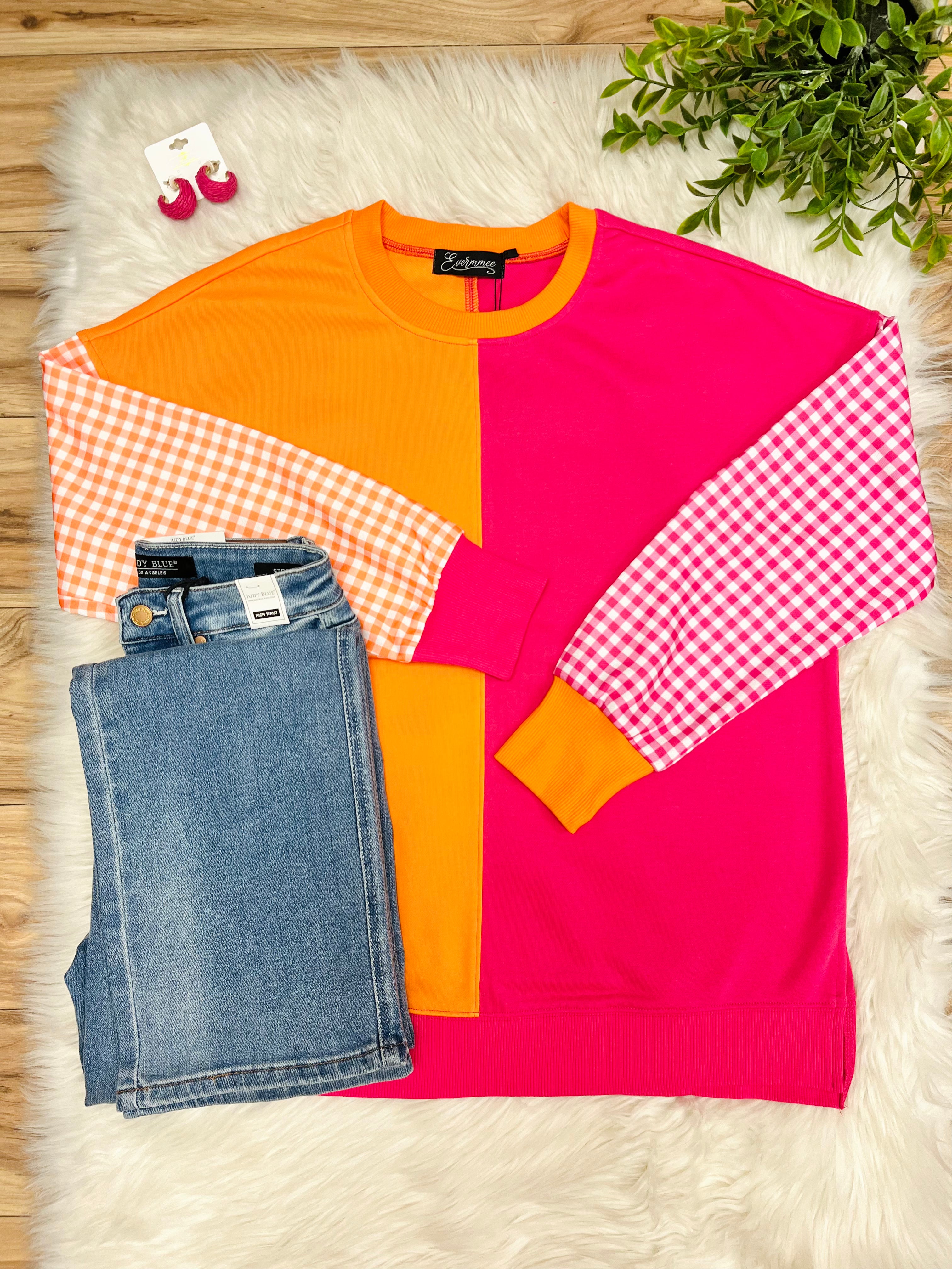 Women’s Evermmee Pink & Orange Color Block Top with Gingham Print Sleeves- True to Size