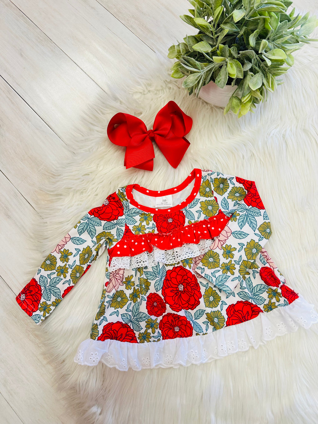Girl’s Red and Green Floral Stripe Pant Set