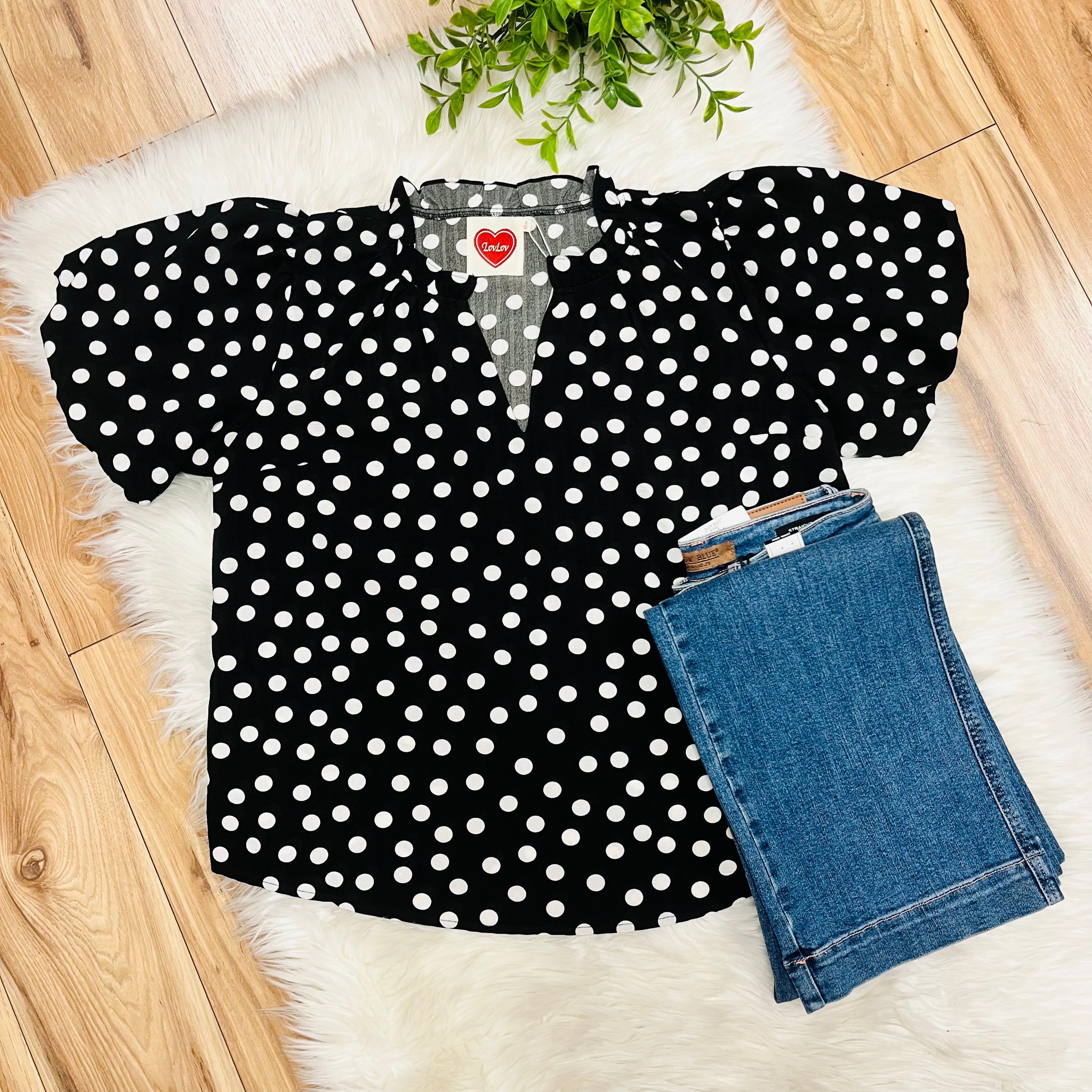 Women’s Black Flutter Sleeve Polka Dot Top