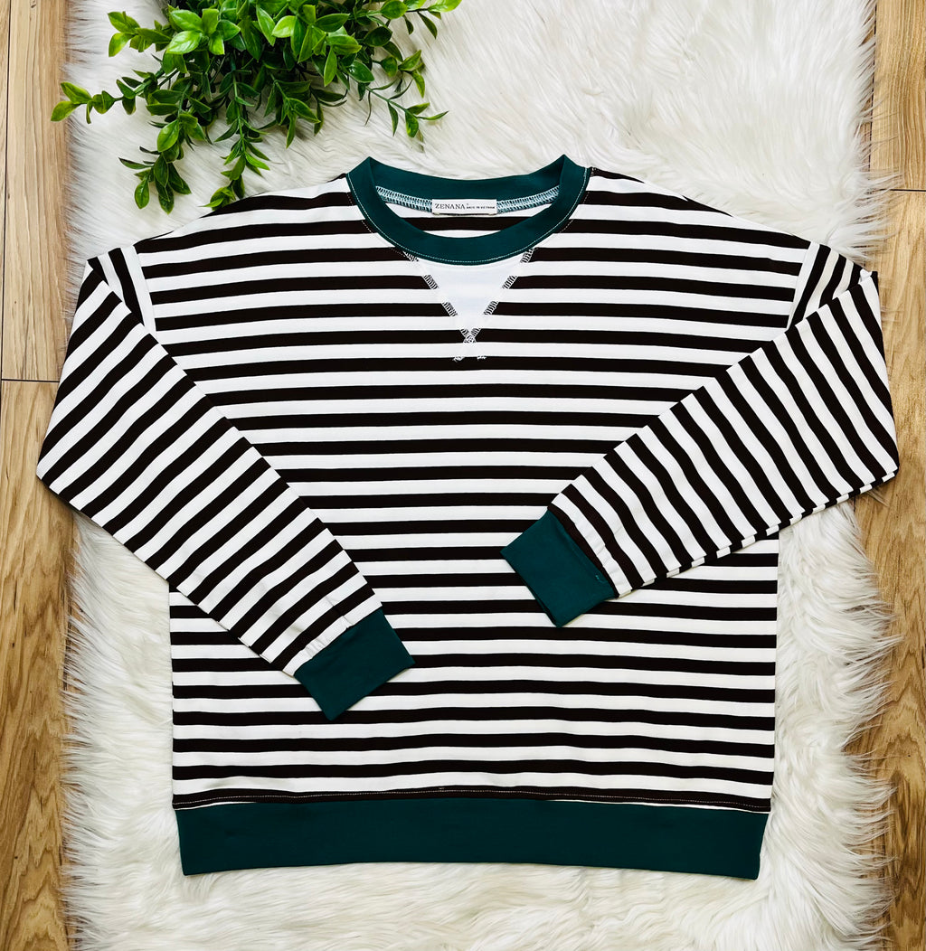 Women’s Brown and Hunter Green Stripe Top- Loose Fit