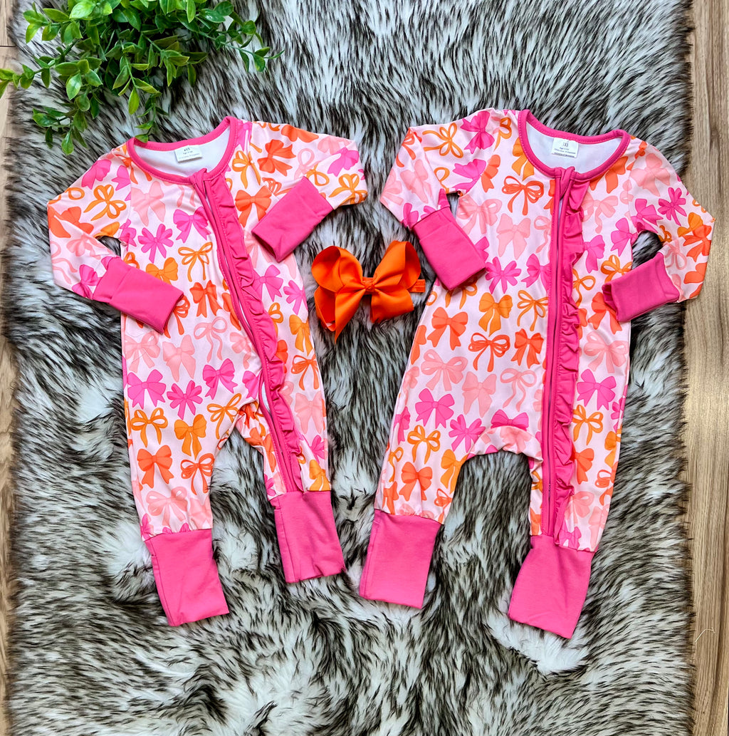 Girl’s Bright Orange and Pink Bow Zipper Sleeper