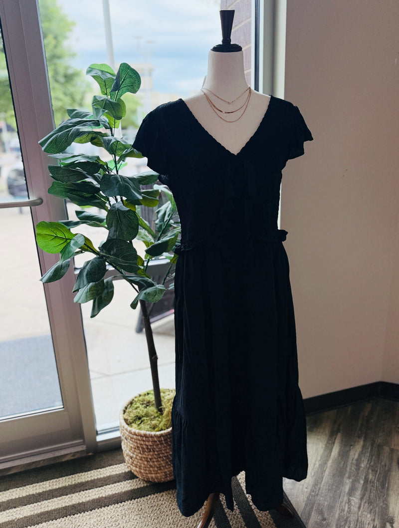 Black Bow Smocked Midi Dress