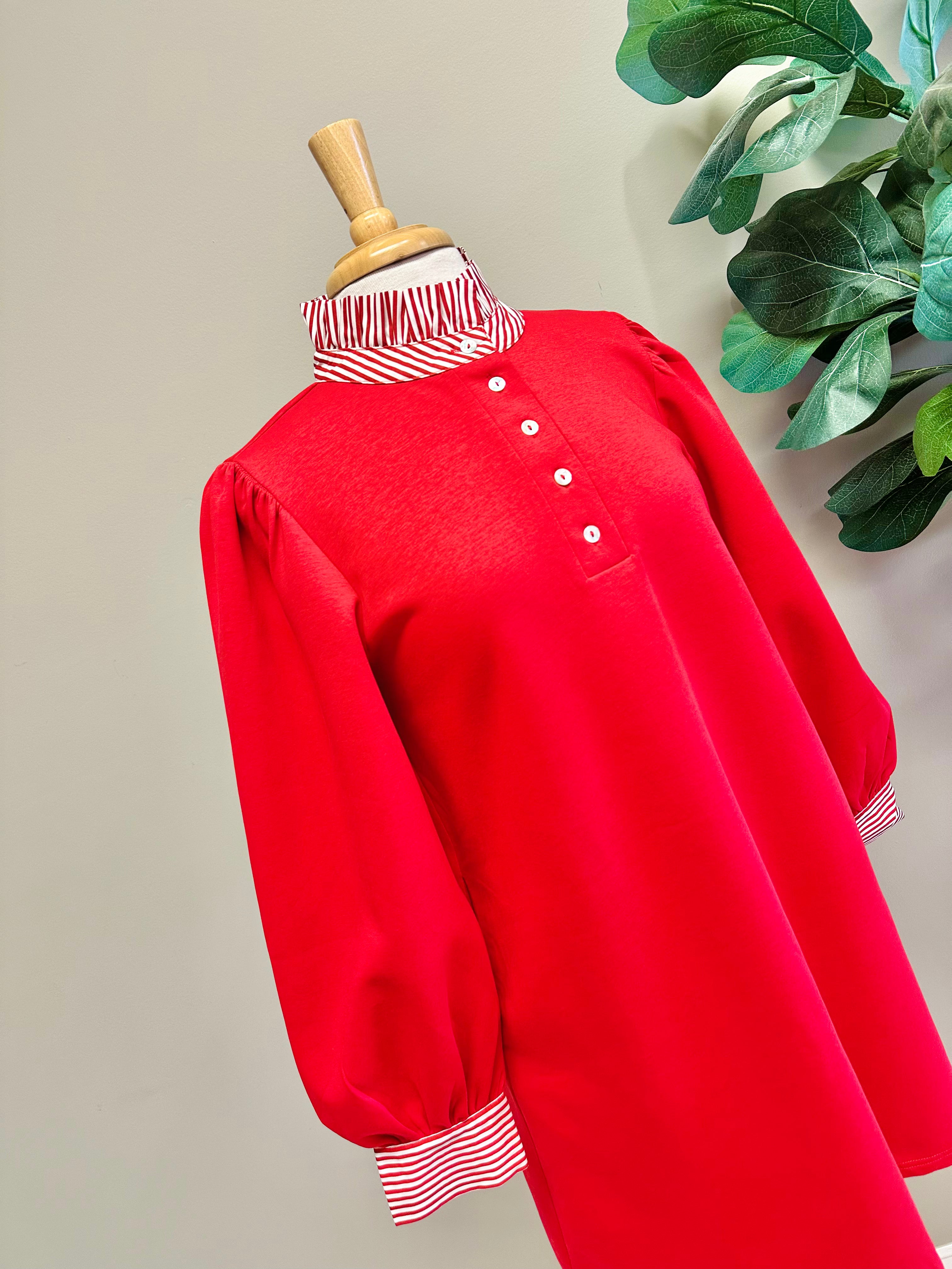 Women’s Long Sleeve Red Dress with Stripe Trim Detail by Jodifl- True to Size