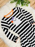 Girls Black and White Striped Halloween Dress with Ghost