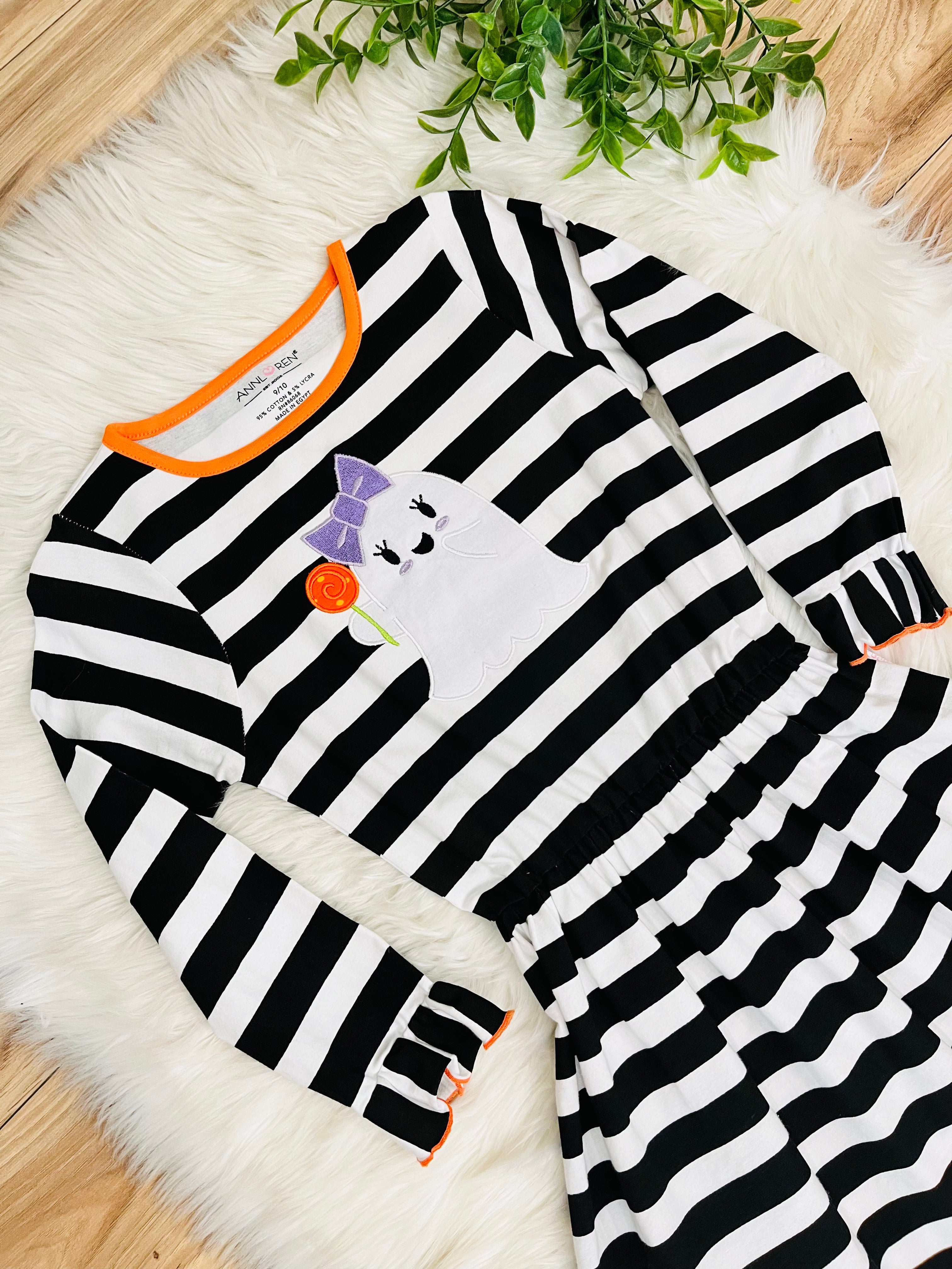 Girls Black and White Striped Halloween Dress with Ghost