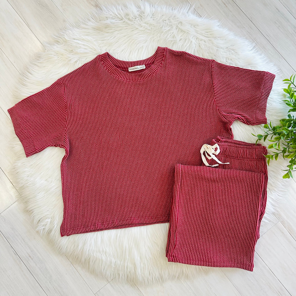 Women’s Burgundy Ribbed Top and Drawstring Pant Set