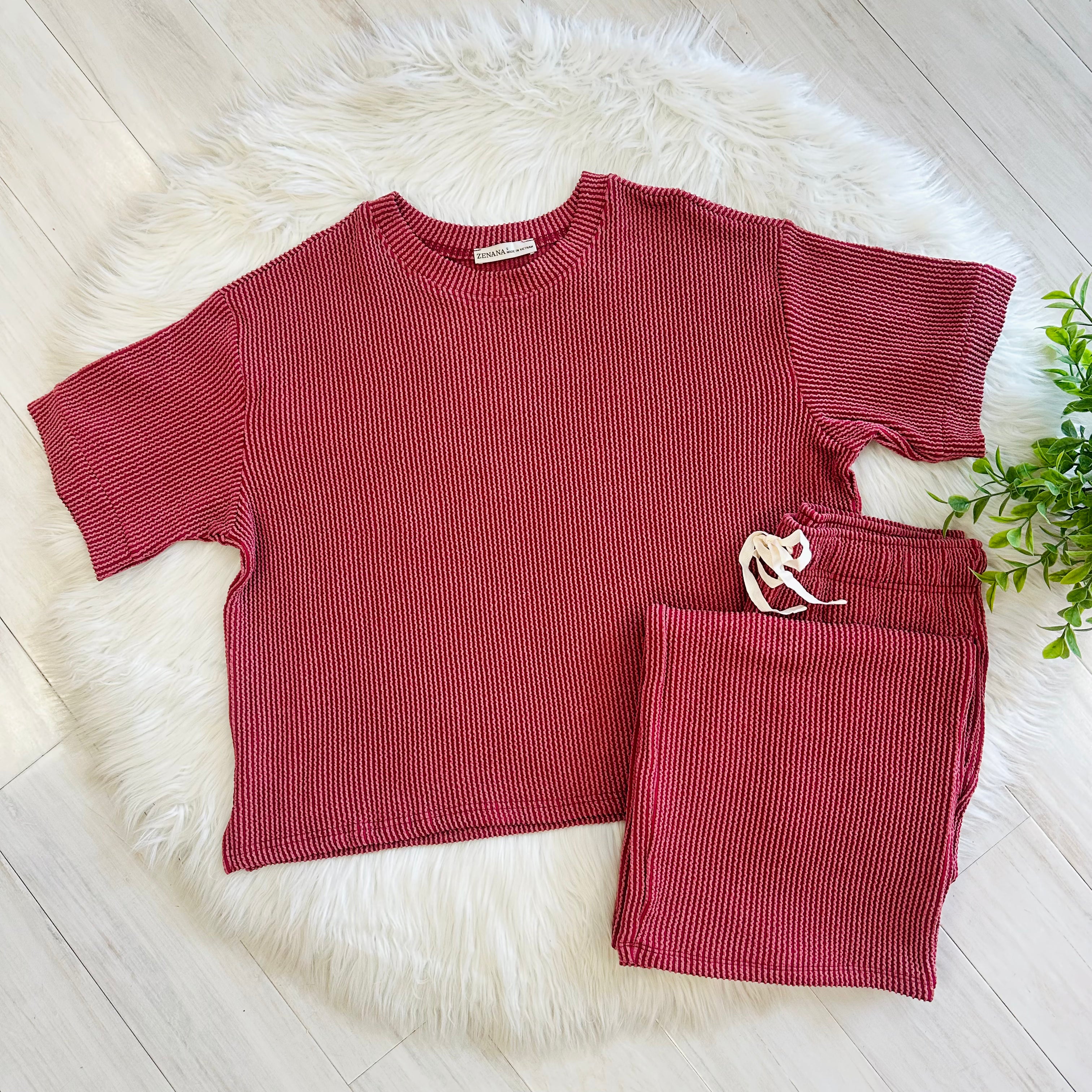 Women’s Burgundy Ribbed Top and Drawstring Pant Set