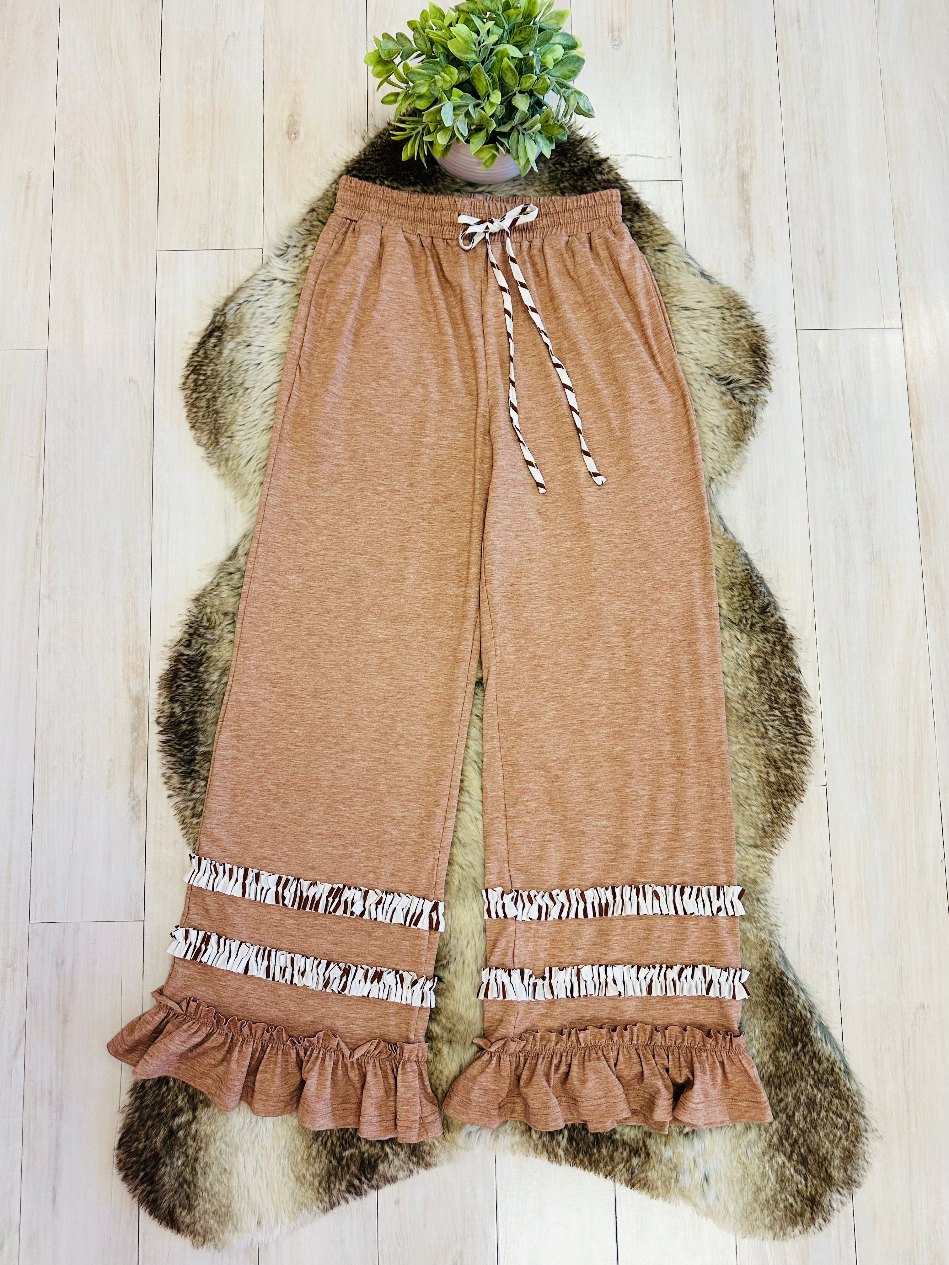 Women’s Evermmee Brown Stripe Set with Ruffle Trim Detail- Oversized