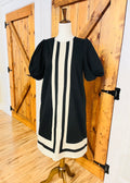 Women’s Anniewear Black & Cream Vertical Border Puff Sleeve Dress- True to Size