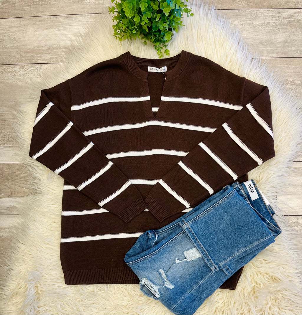 Women’s Zenana Trinity V-Neck Sweater In Chocolate - True to Size