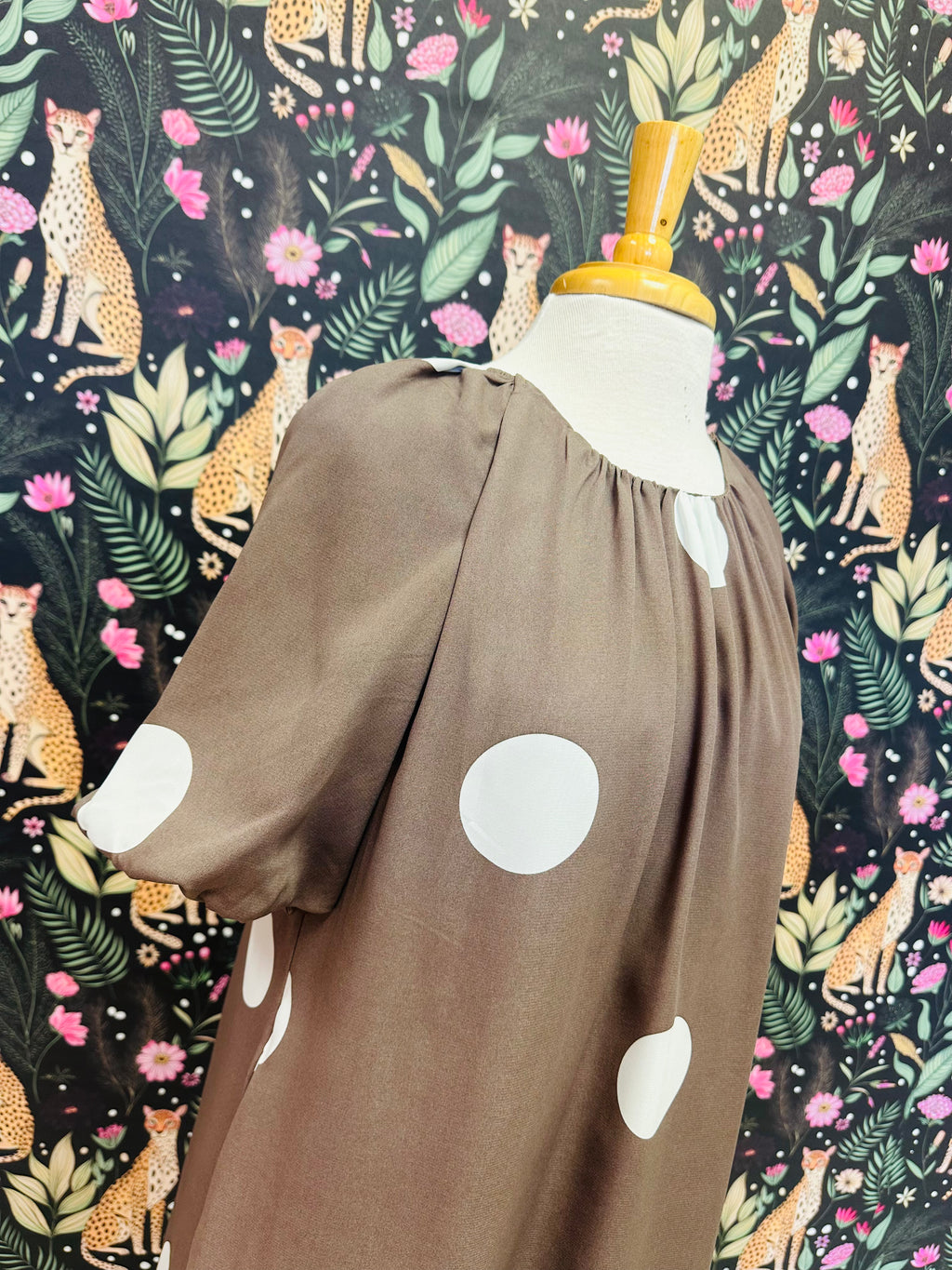 Women’s Evermmee Brown Dress with Polka Dots and Puff Sleeves