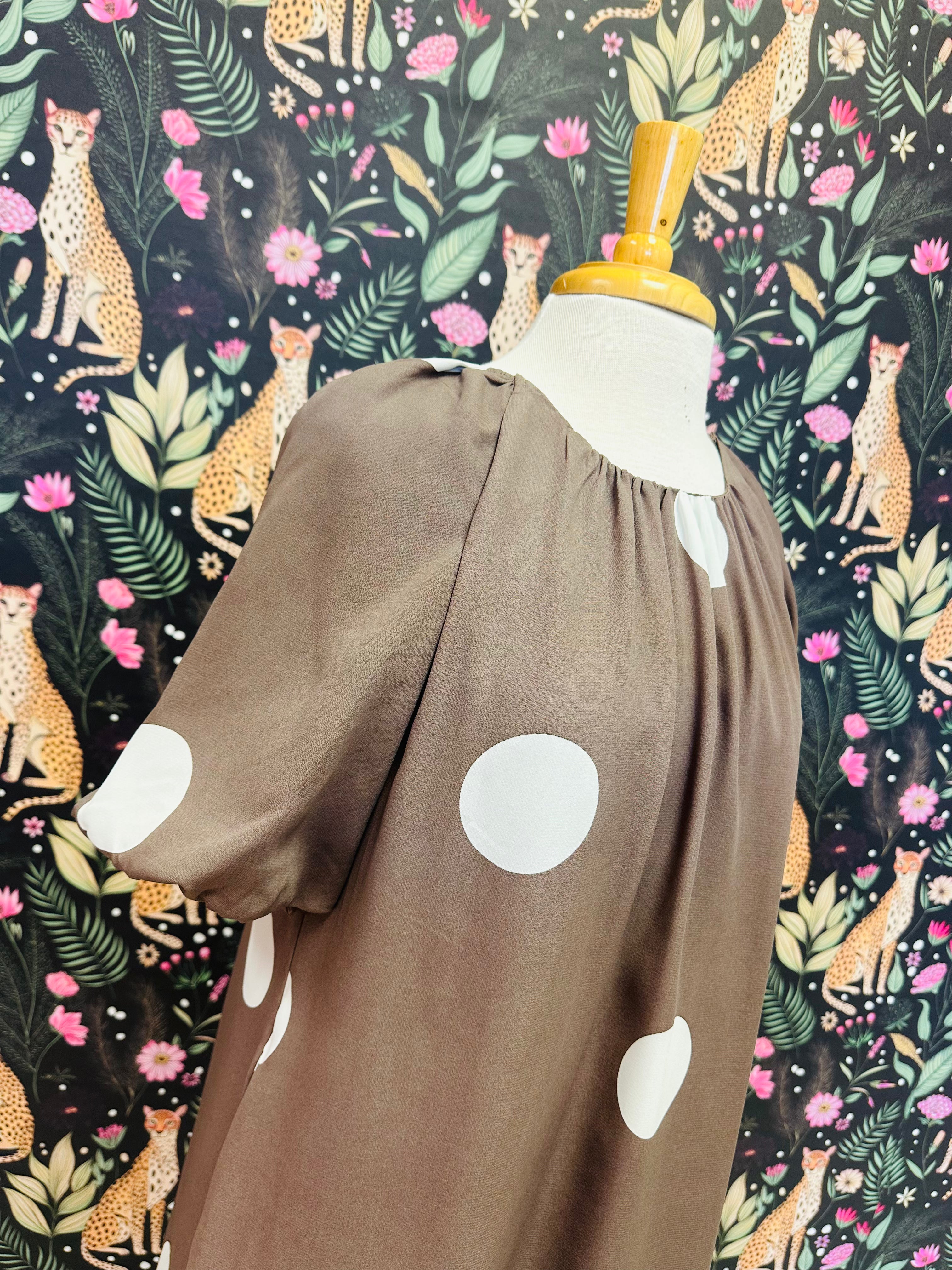 Women’s Evermmee Brown Dress with Polka Dots and Puff Sleeves