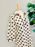 Women’s Cream V Neck Collared Dress with Mocha Brown Polka Dots by Jodifl- Loose Fit