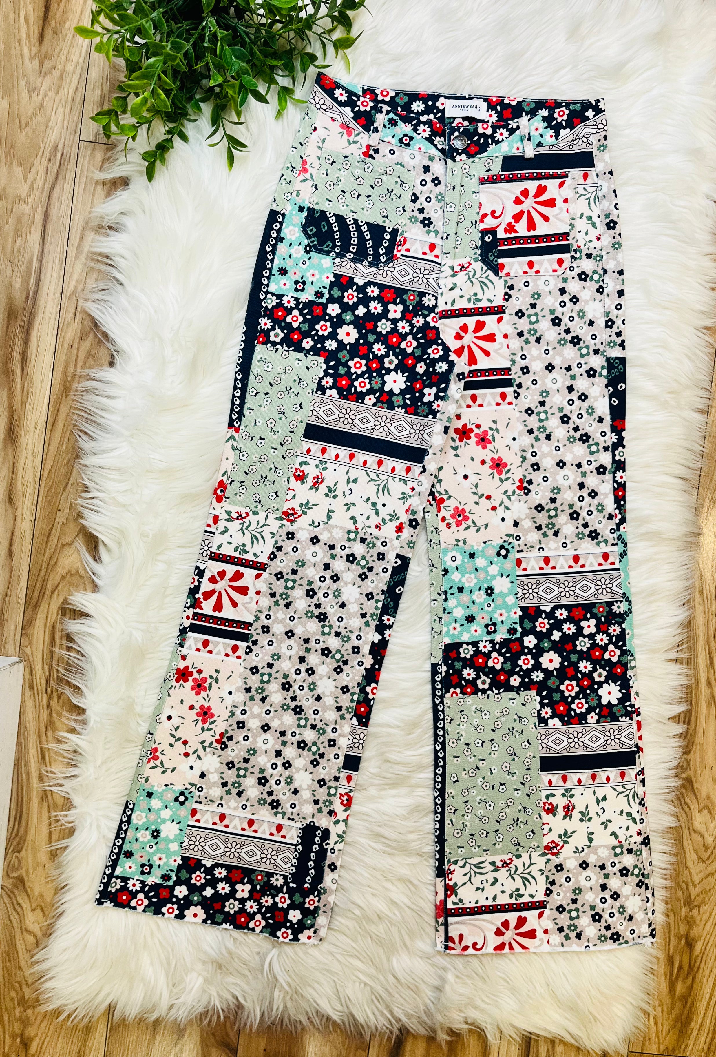 Women’s Floral Patchwork Denim Pants- True to Size