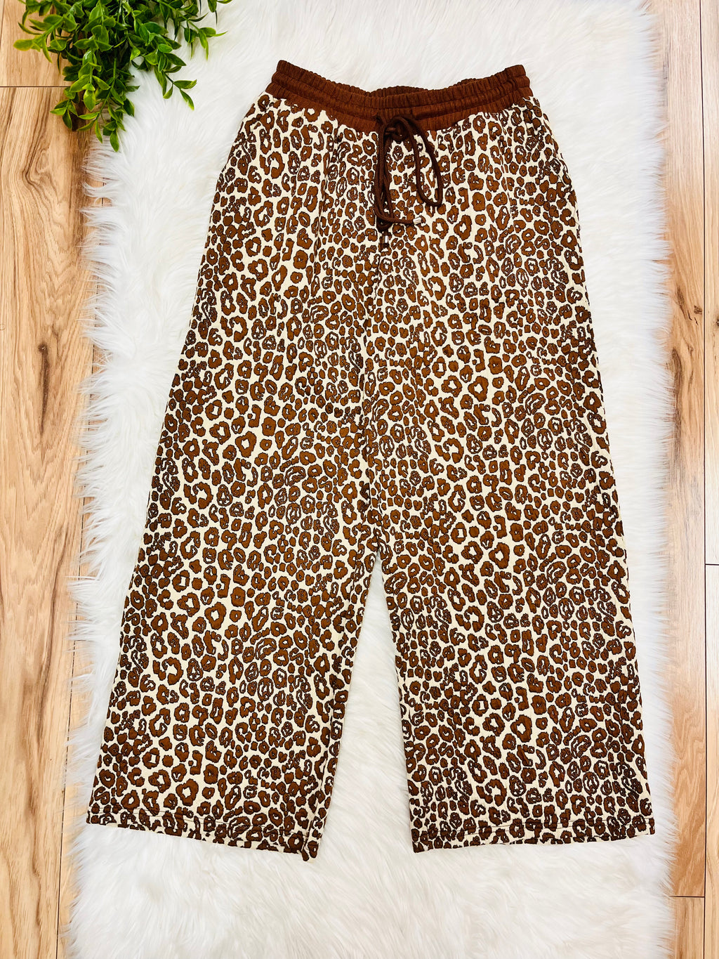 Women’s Anniewear Leopard Texture Knit Top and Wide Pant Set- Loose Fit