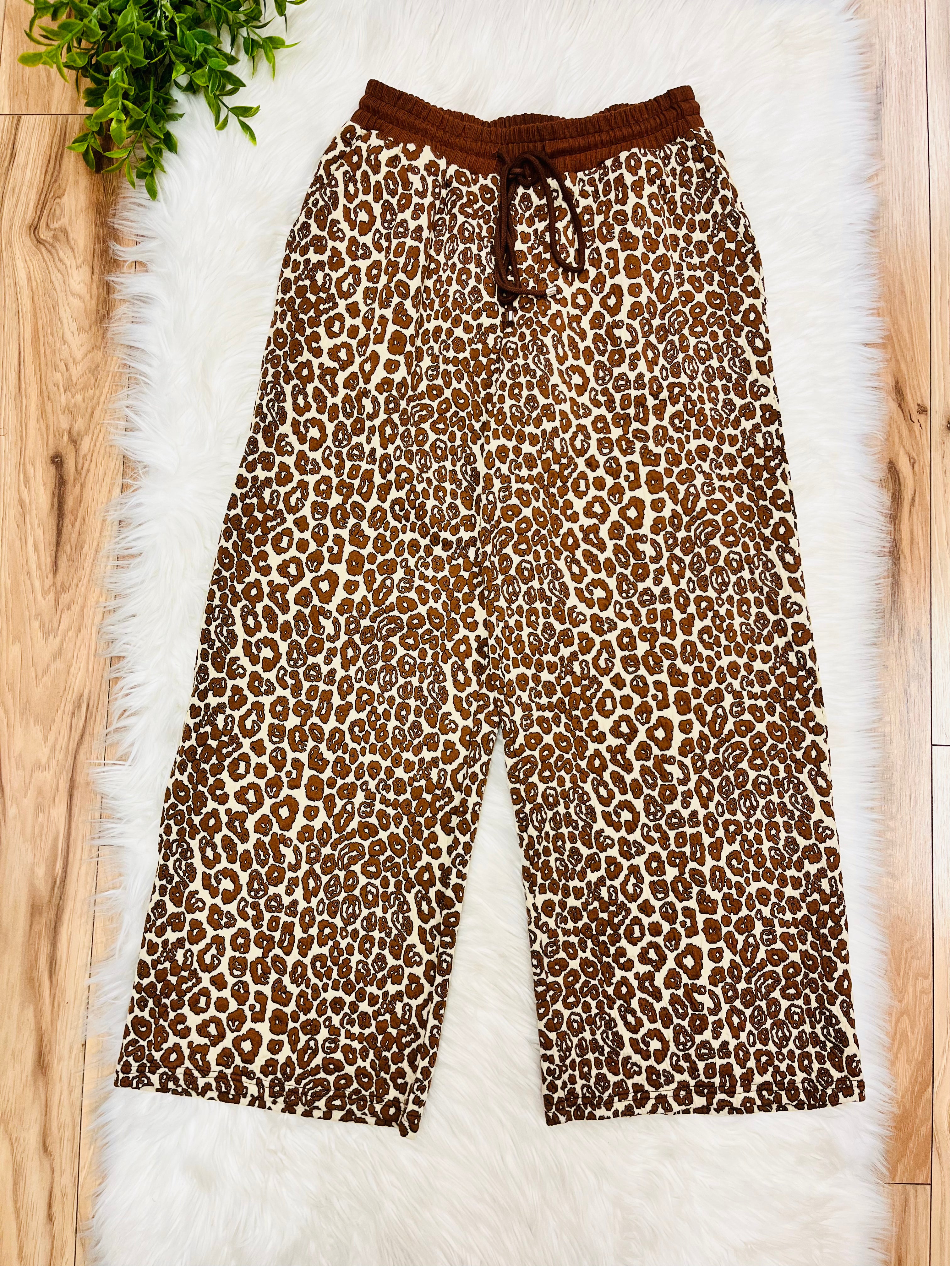 Women’s Anniewear Leopard Texture Knit Top and Wide Pant Set- Loose Fit