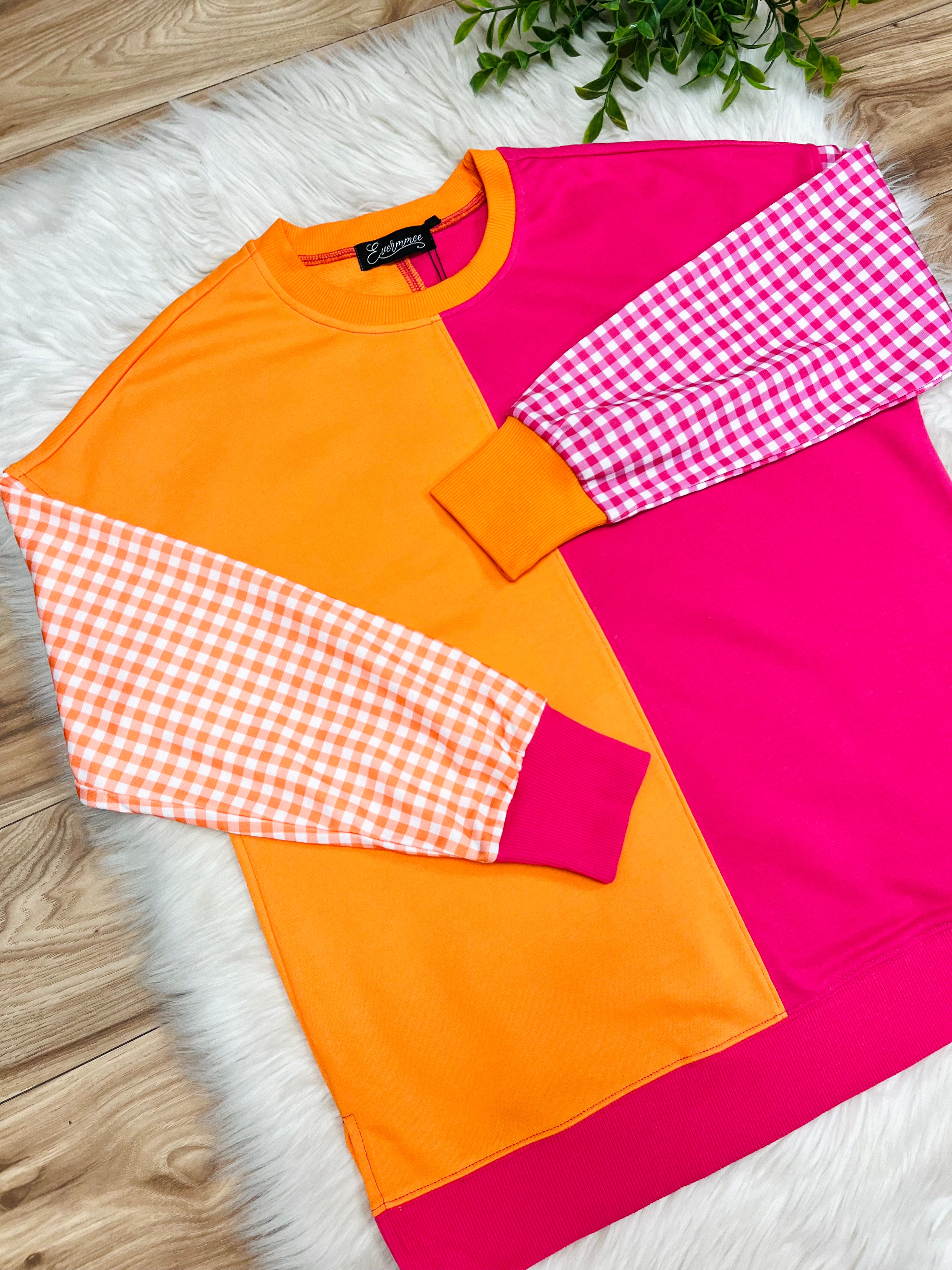 Women’s Evermmee Pink & Orange Color Block Top with Gingham Print Sleeves- True to Size