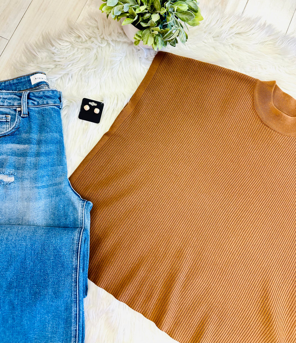 Women’s Deep Camel Mock Neck Top oversized