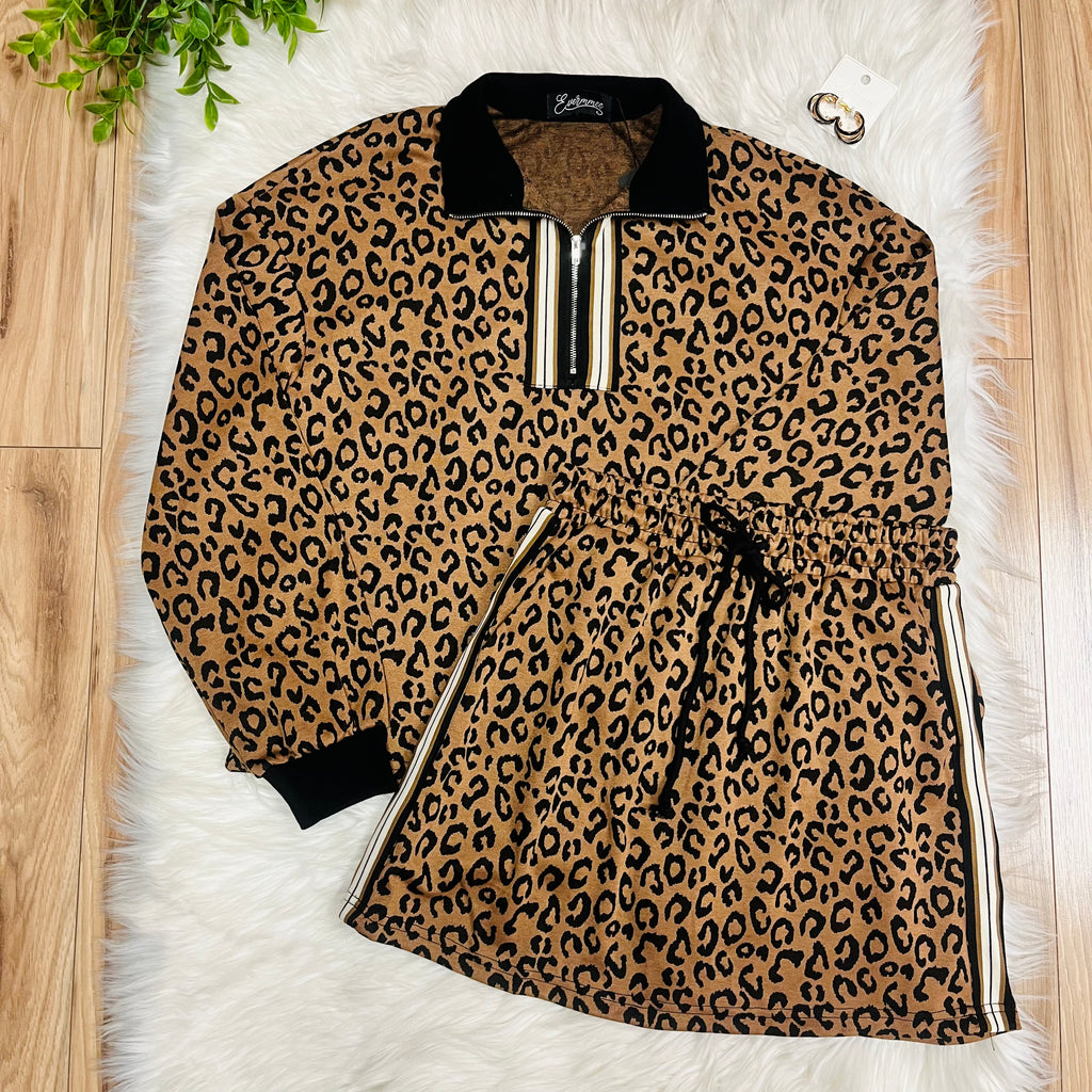 Women’s Evermmee Leopard Print Half Zip Skort Set