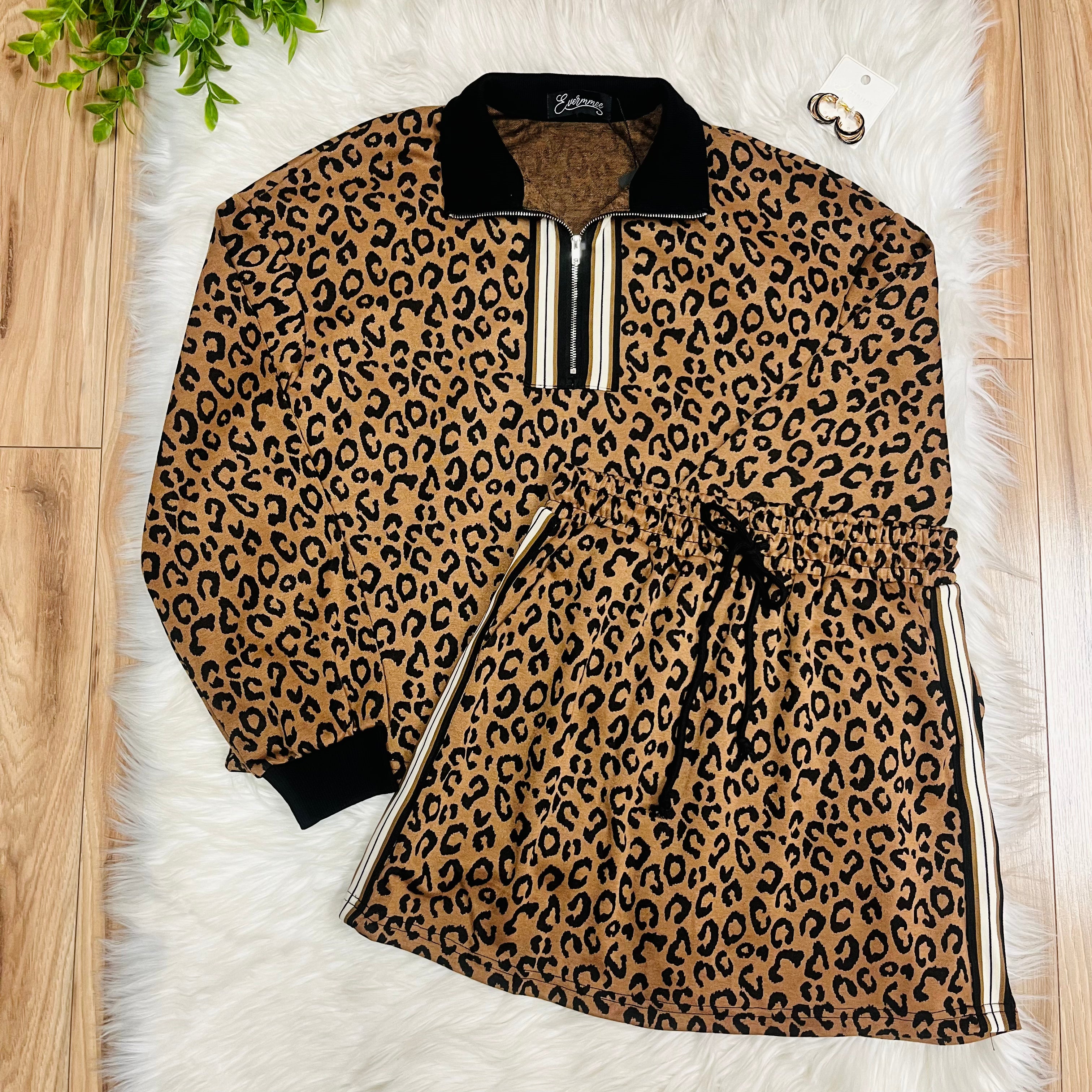 Women’s Evermmee Leopard Print Half Zip Skort Set