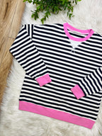 Women’s Navy and Candy Pink Stripe Top- Loose Fit