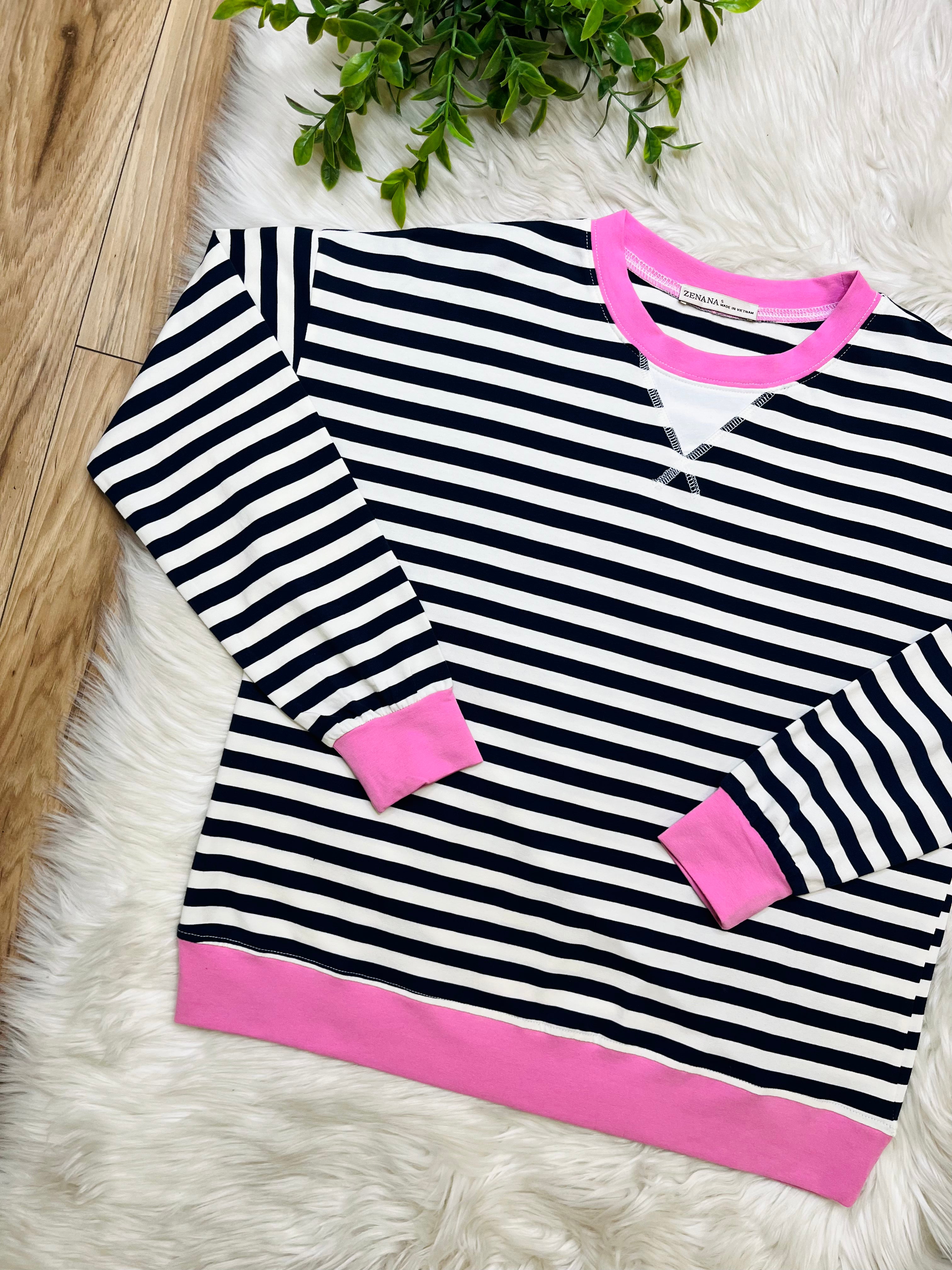 Women’s Navy and Candy Pink Stripe Top- Loose Fit