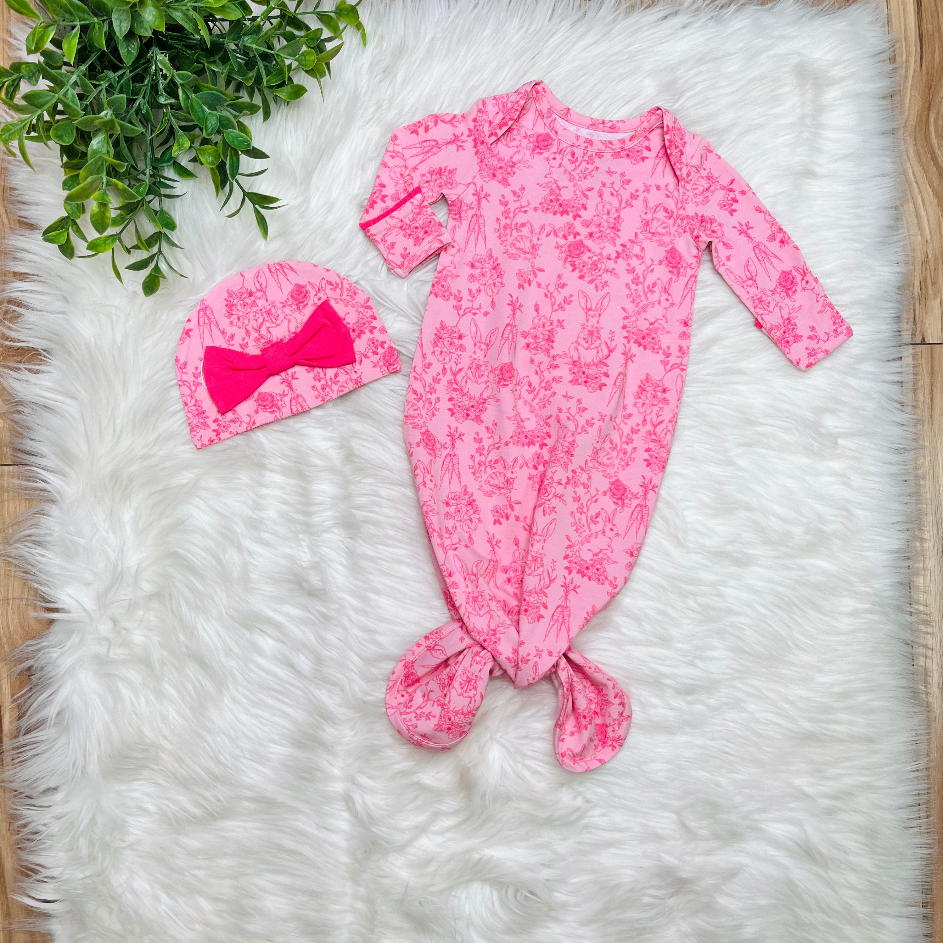 Girl’s Pink Cottontail Knotted Gown and Hat Set