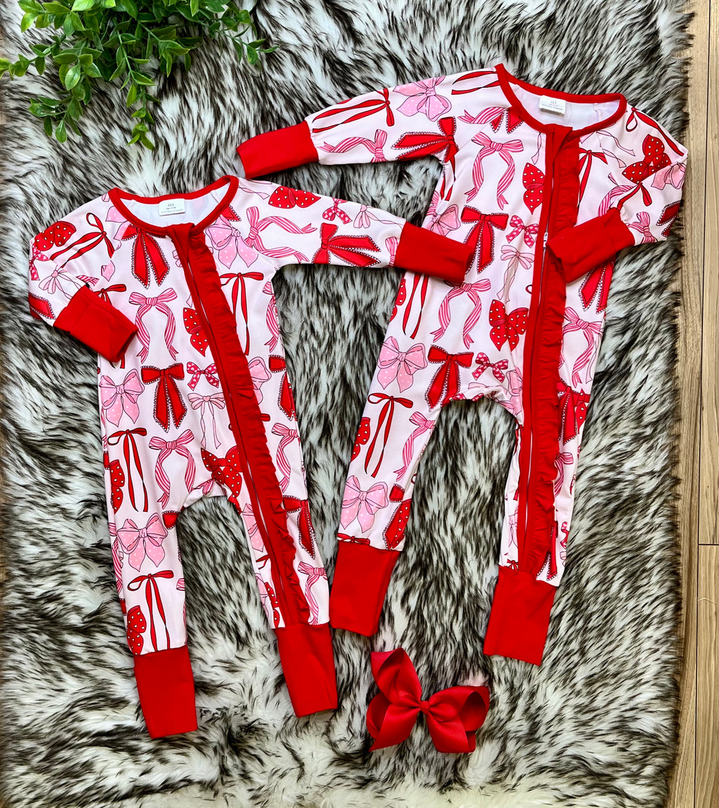 Girl’s Red and Pink Bow Zipper Romper