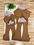 Girl’s Brown Check Hooded Outfit with Ruffle Trim