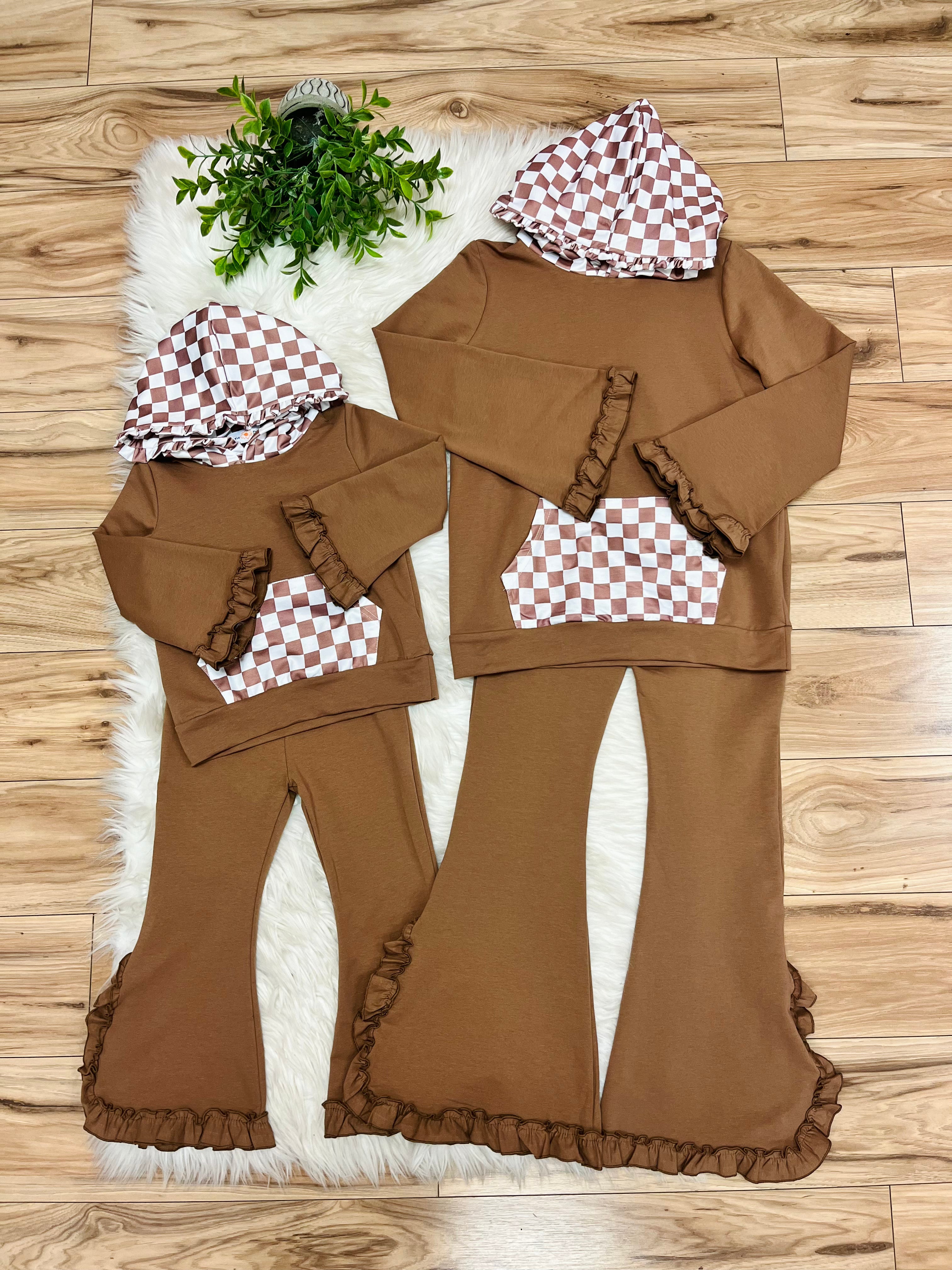 Girl’s Brown Check Hooded Outfit with Ruffle Trim