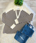 Women’s Brown & Cream Striped Henley Long Sleeve - True to Size