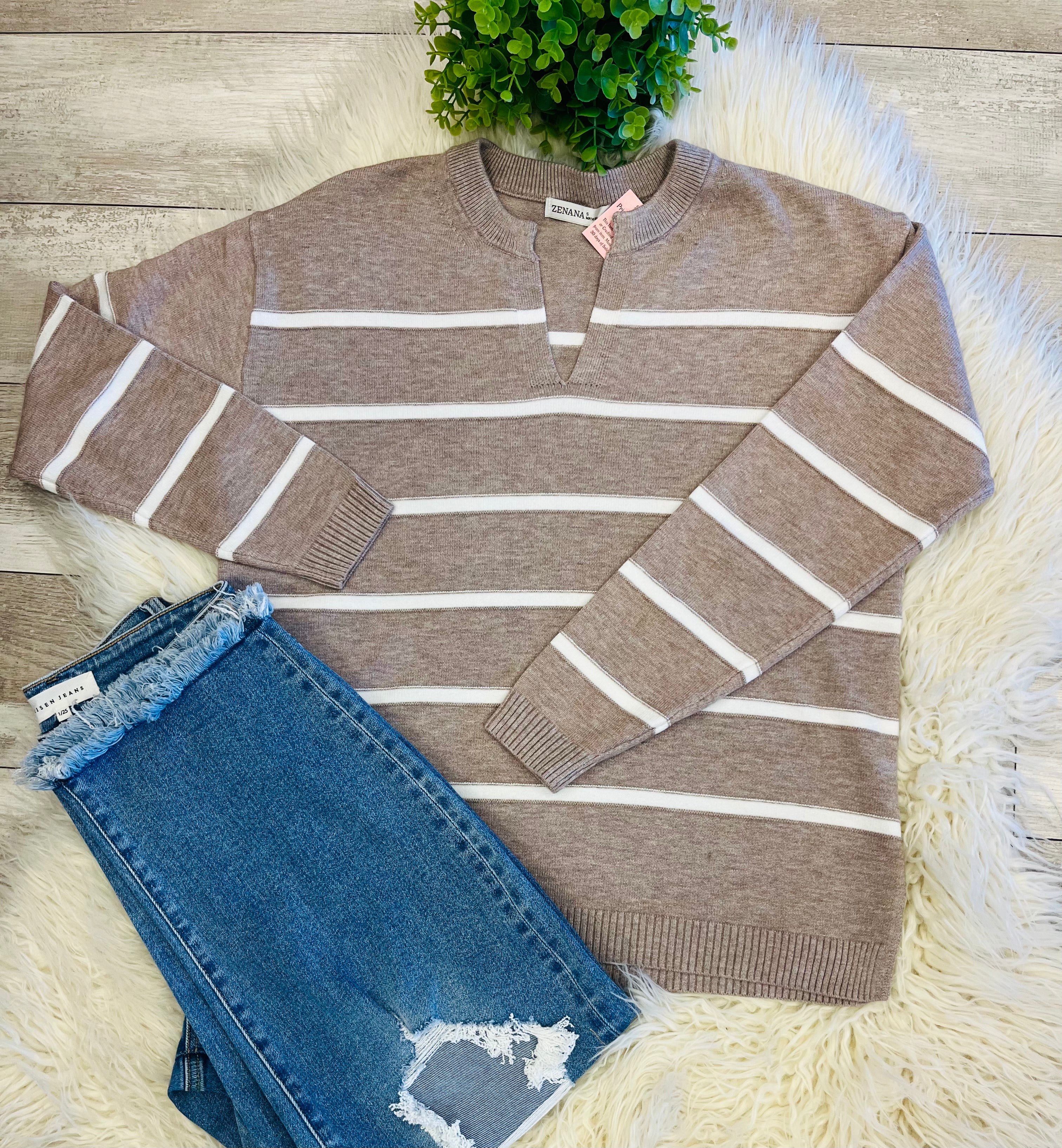 Women’s Zenana Trinity V-Neck Sweater In Light Mocha - True to Size