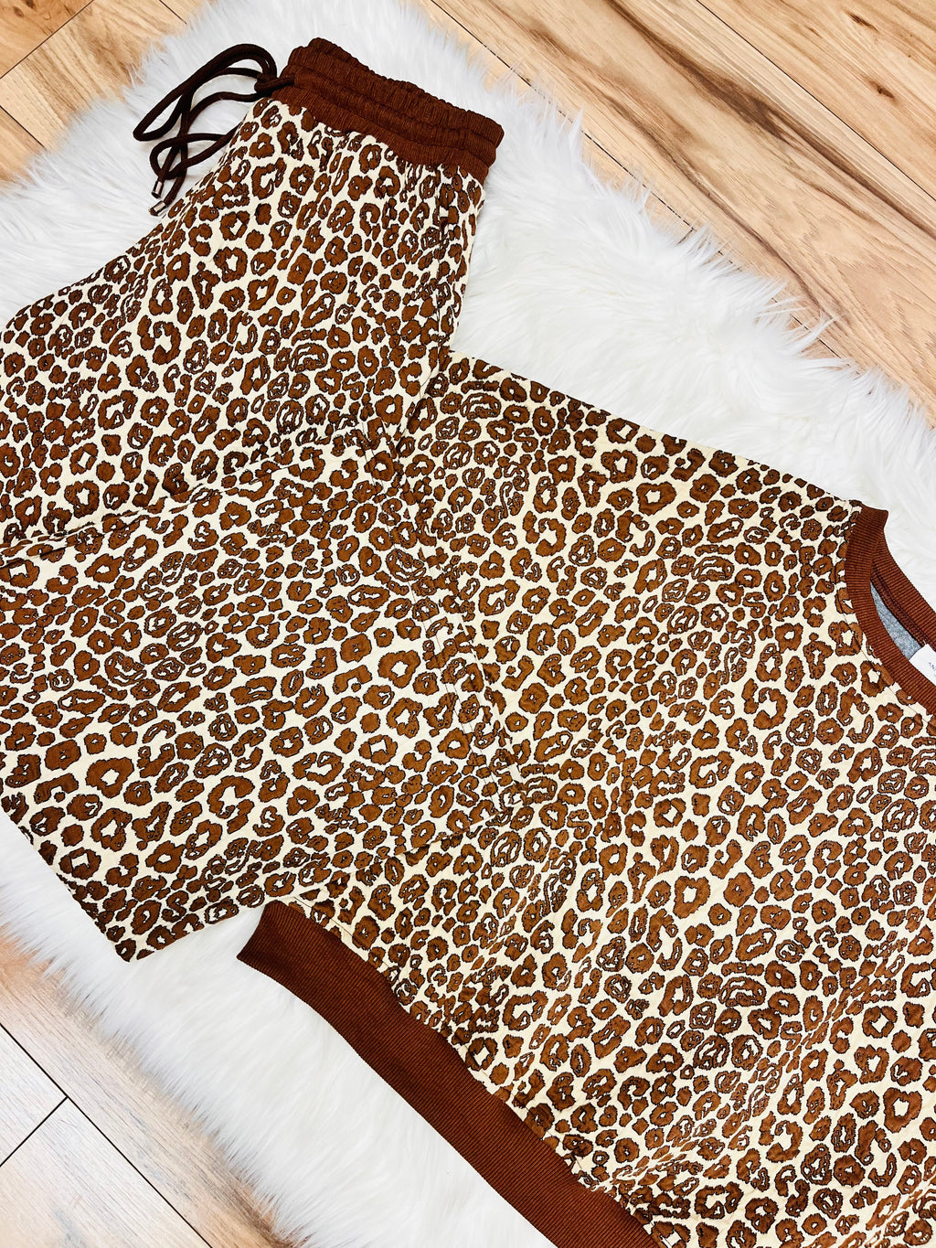 Women’s Anniewear Leopard Texture Knit Top and Wide Pant Set- Loose Fit
