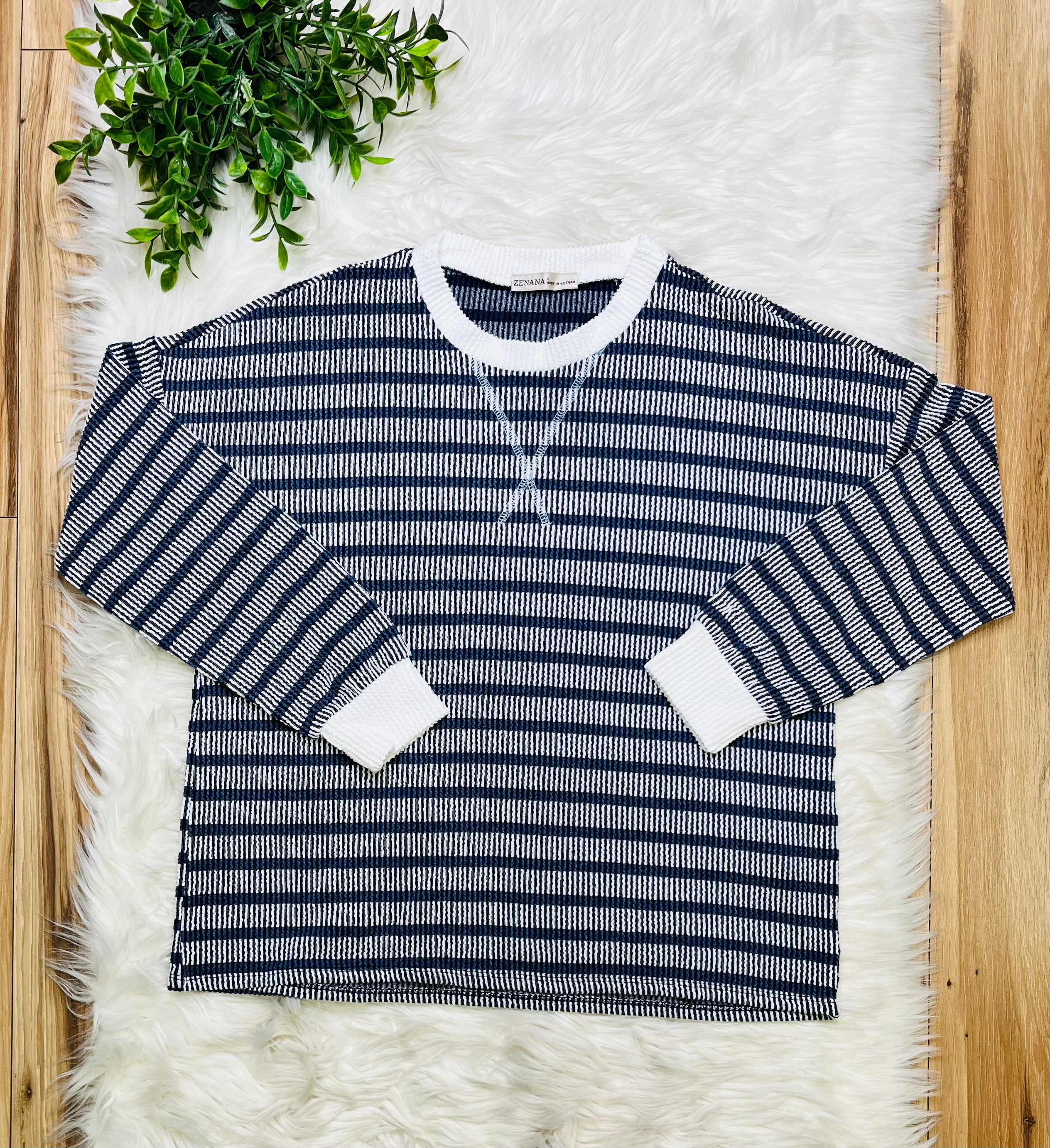 Women’s Zenana Navy Striped Ribbed Pant Set