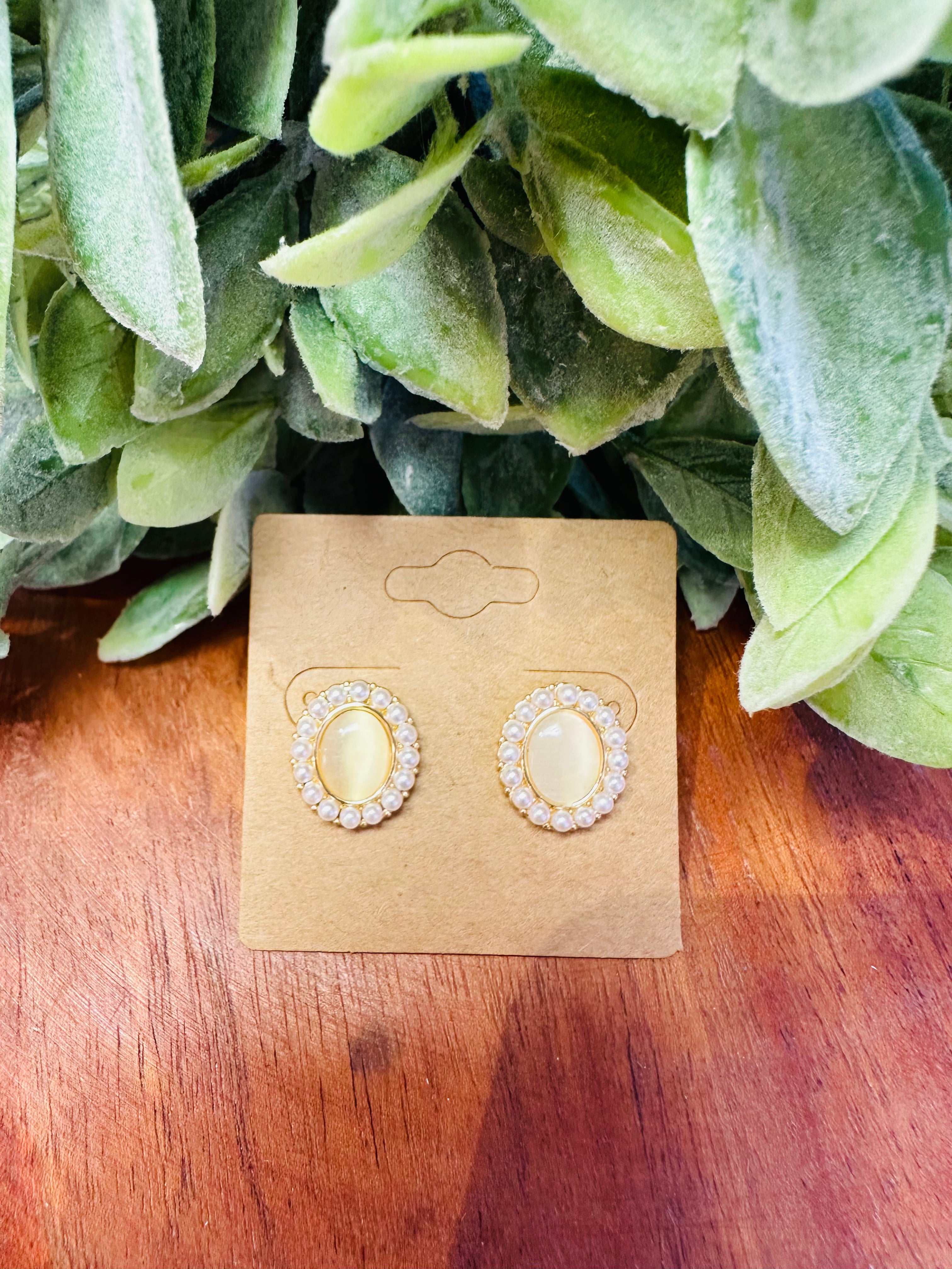 Gold Oval Pearl Halo Stud Earrings