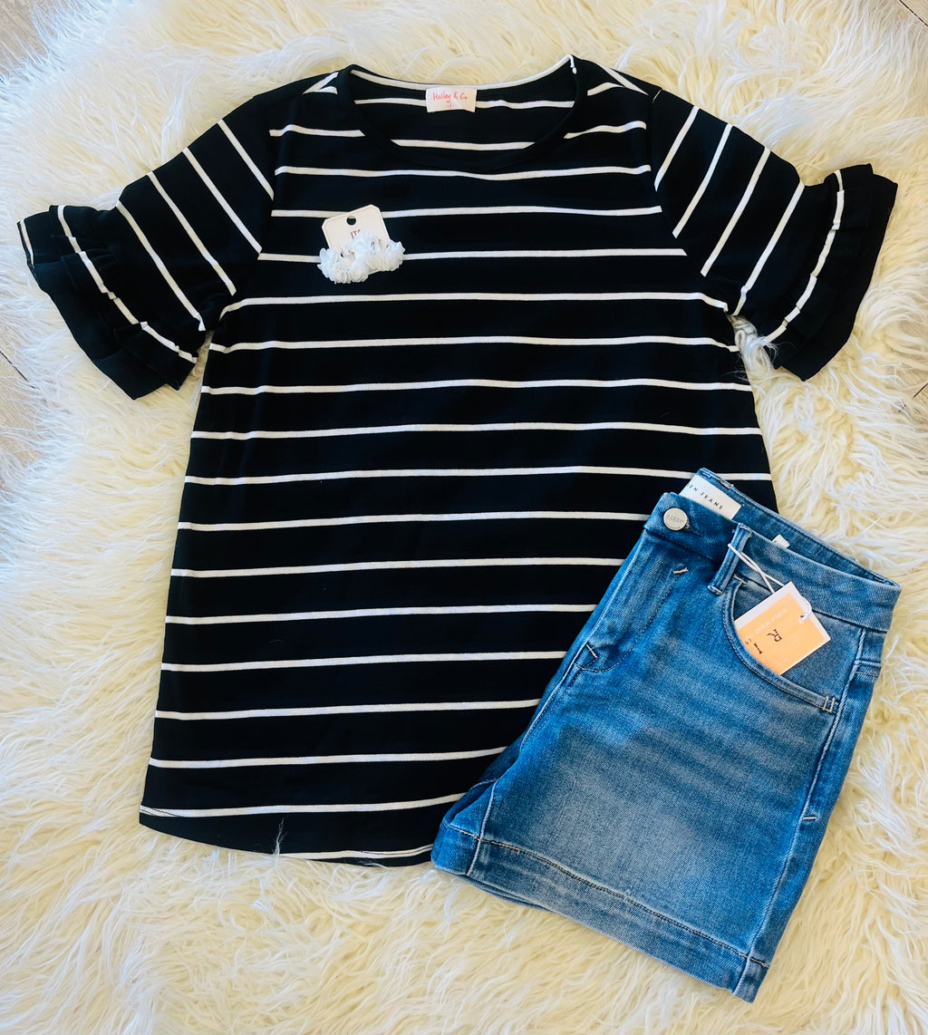Women’s Black and White Ruffle Sleeve Top