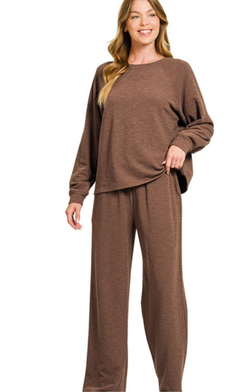 Zenana Long Sleeve Lounge Set Brown