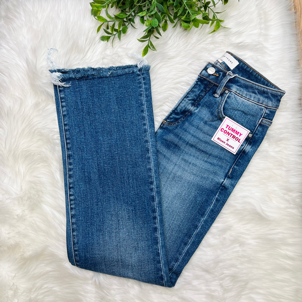 Women’s Risen High Rise Crop Straight Raw Cut Jeans 21158